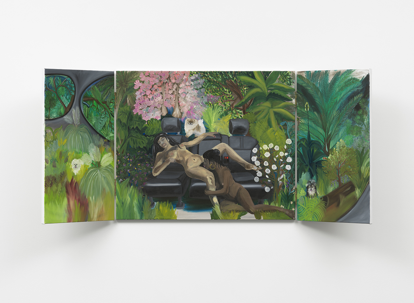 An erotic painting of two femmes in a lush jungle setting.