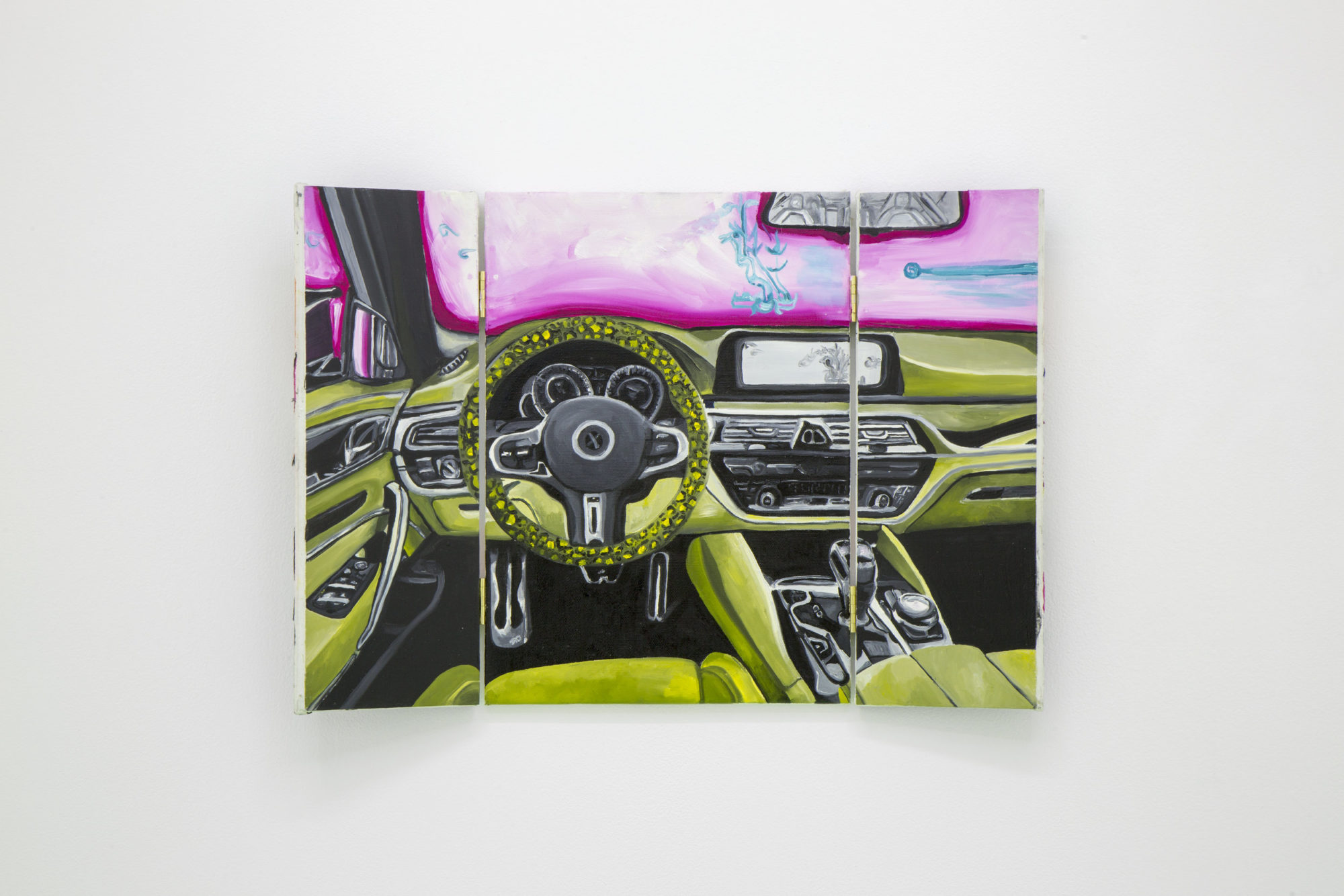 A pink and green painting of the inside of a car.