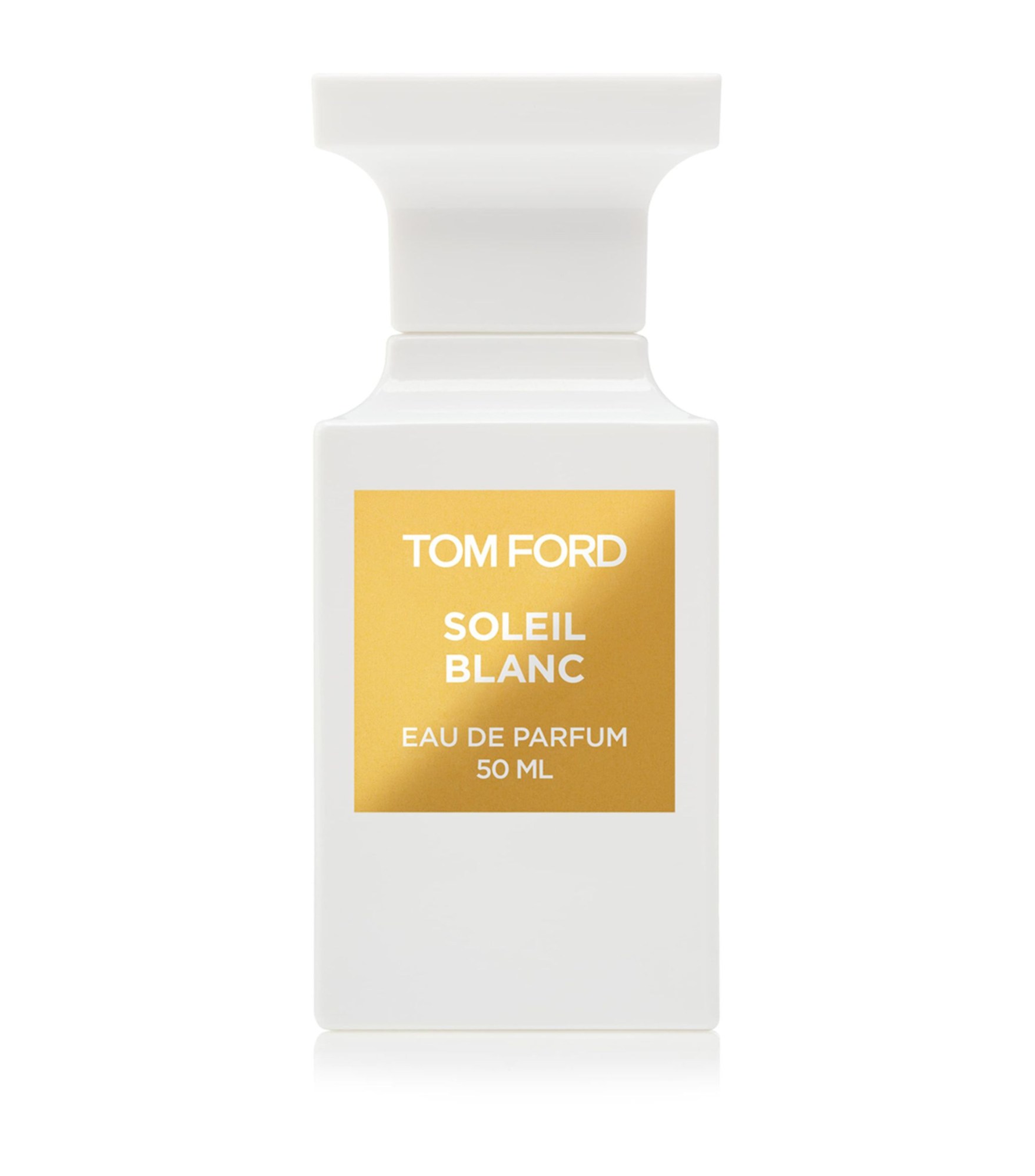 a white bottle of tom ford perfume with a gold label