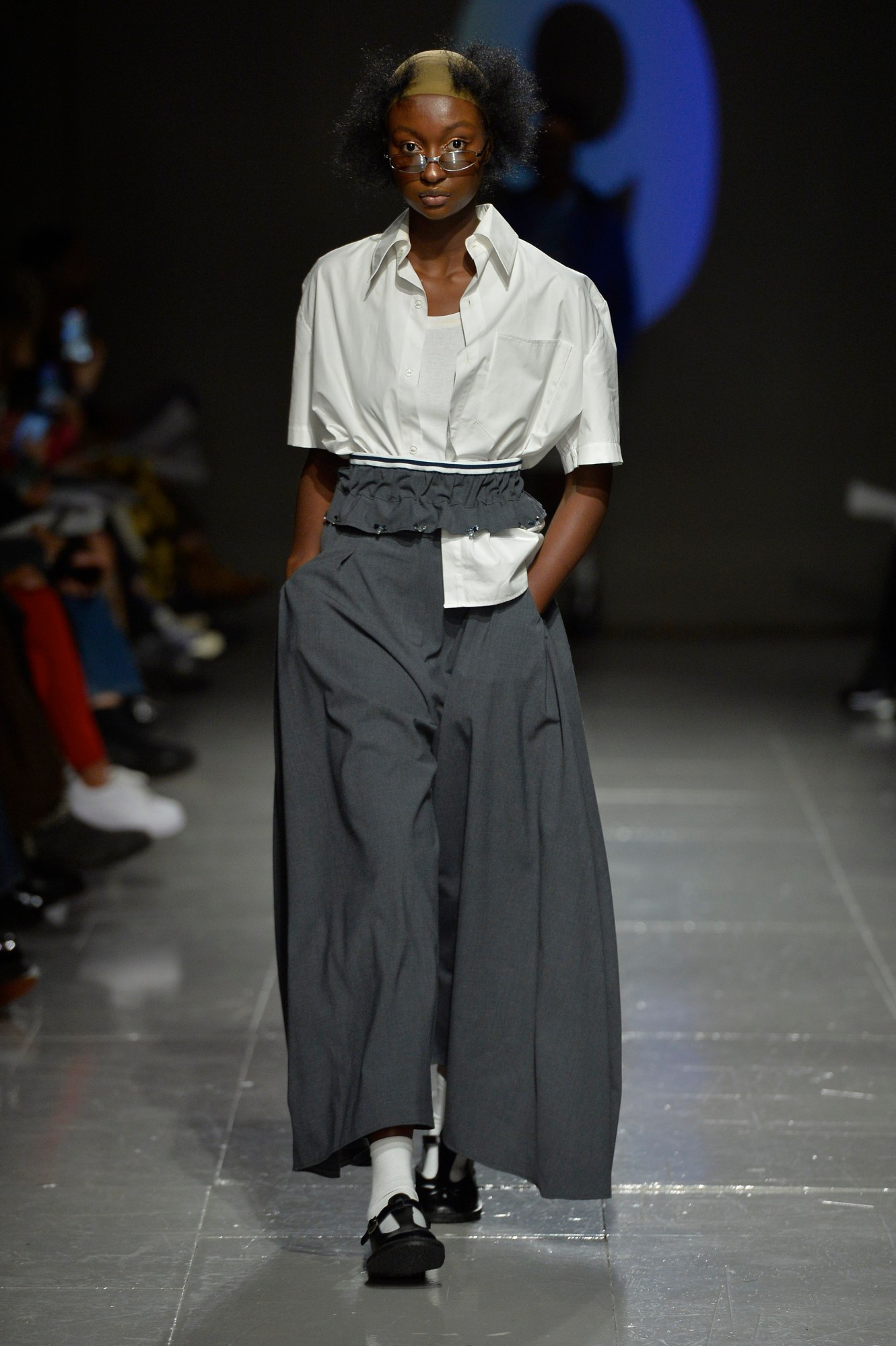 model wearing Nomvelo Dlamini's collection at the Central Saint Martin's MA show 2023 during London Fashion Week