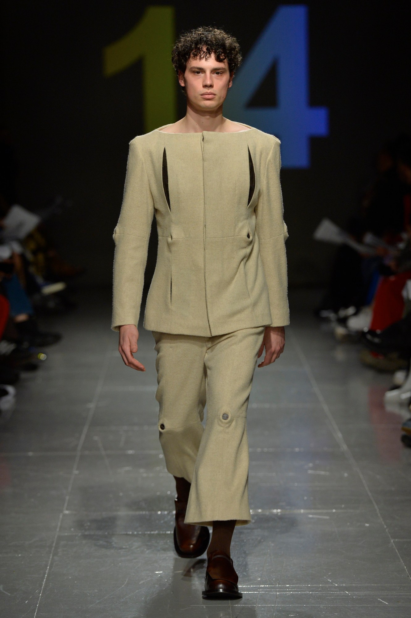 model wearing Woojun Jang's collection at the Central Saint Martin's MA show 2023 during London Fashion Week