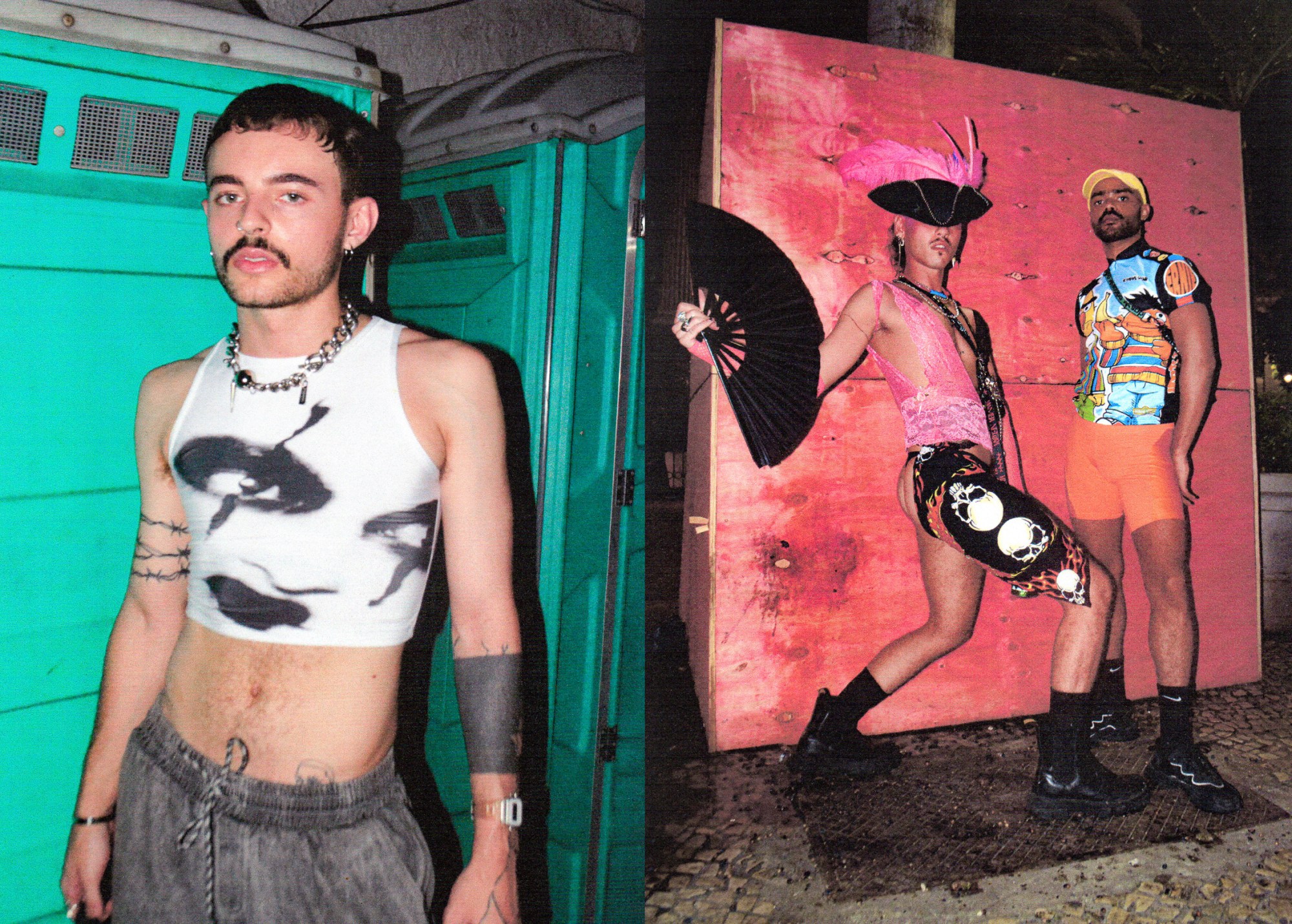 a moustached person in a crop top stands in front of a green portaloo; two people in colourful clubwear pose with a fan