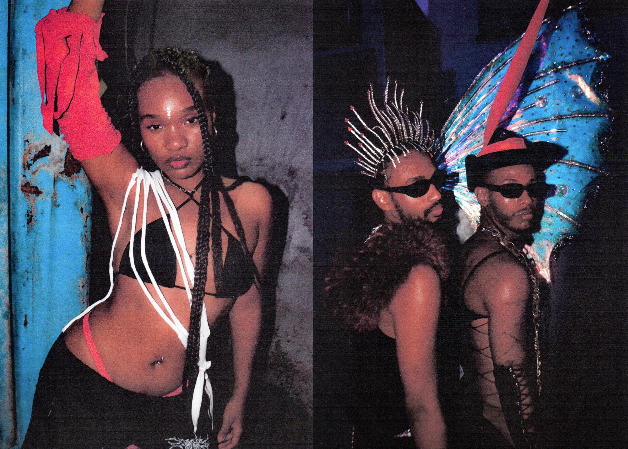 a woman with braids in a bikini dances with one arm above her head; two people wearing fabulous headpieces pose