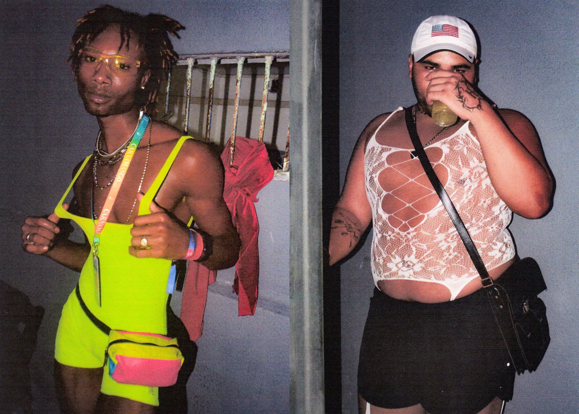 two clubbers wearing a florescent yellow jumpsuit (L) and a lacy cut-out body with an american flag cap (R)