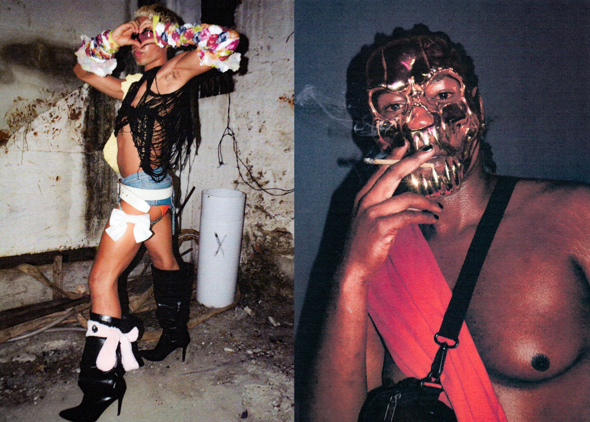 clubbers in knee-high boots and colourful arm warmers (L) and a shiny gold mask (R)