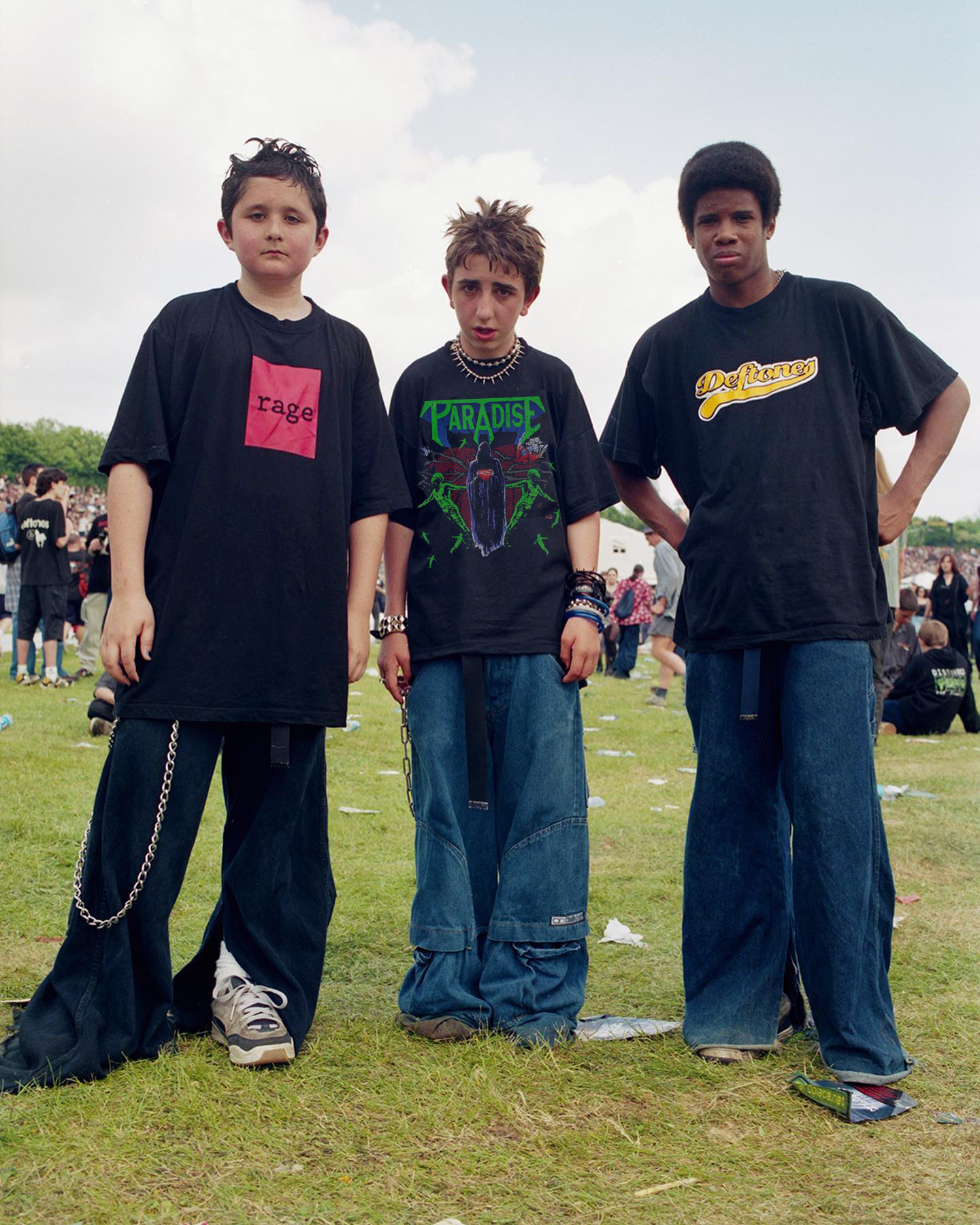 Summer 2023 collection by Paradise NYC, worn by three teen moshers