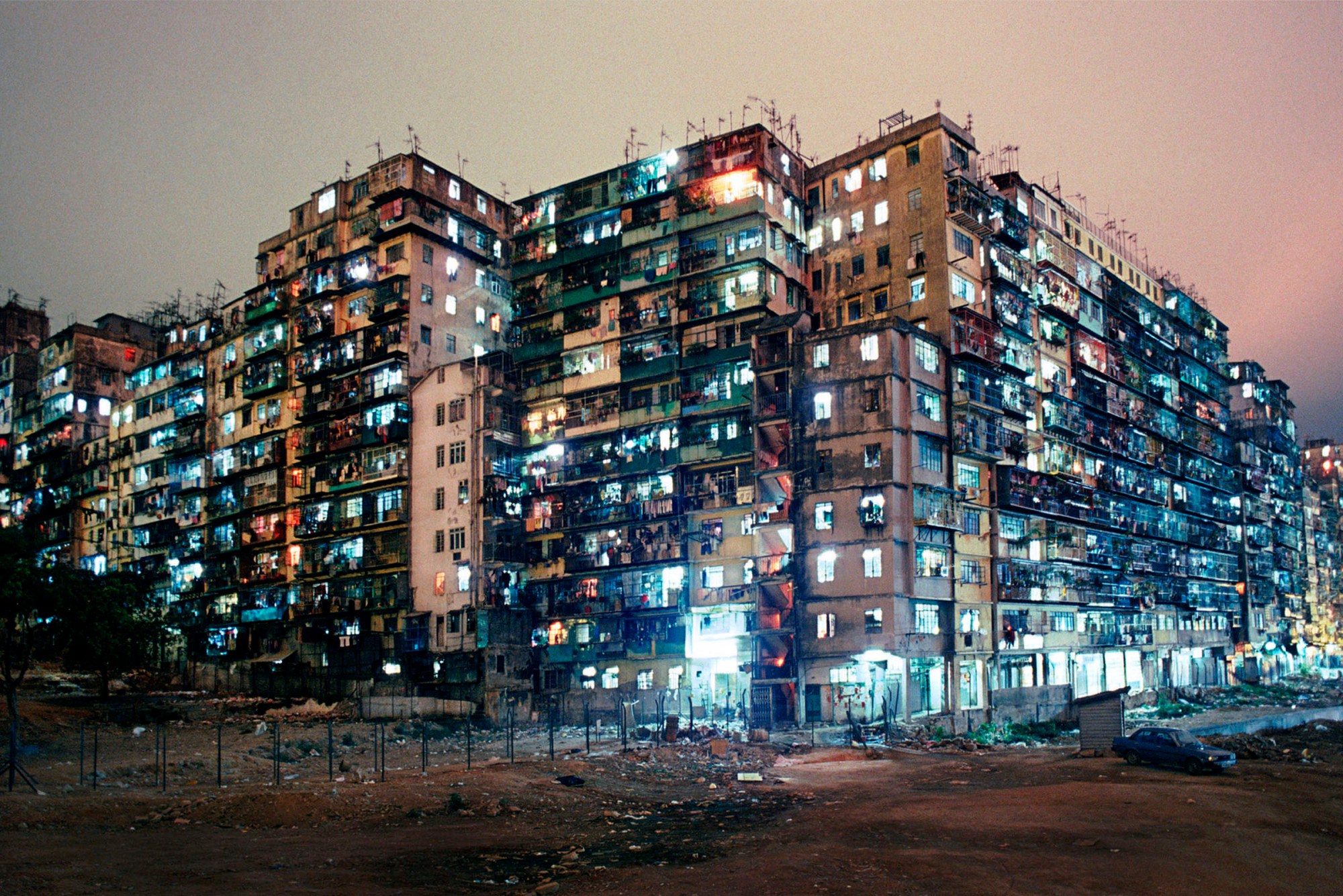 Night photograph of Kowloon Walled City