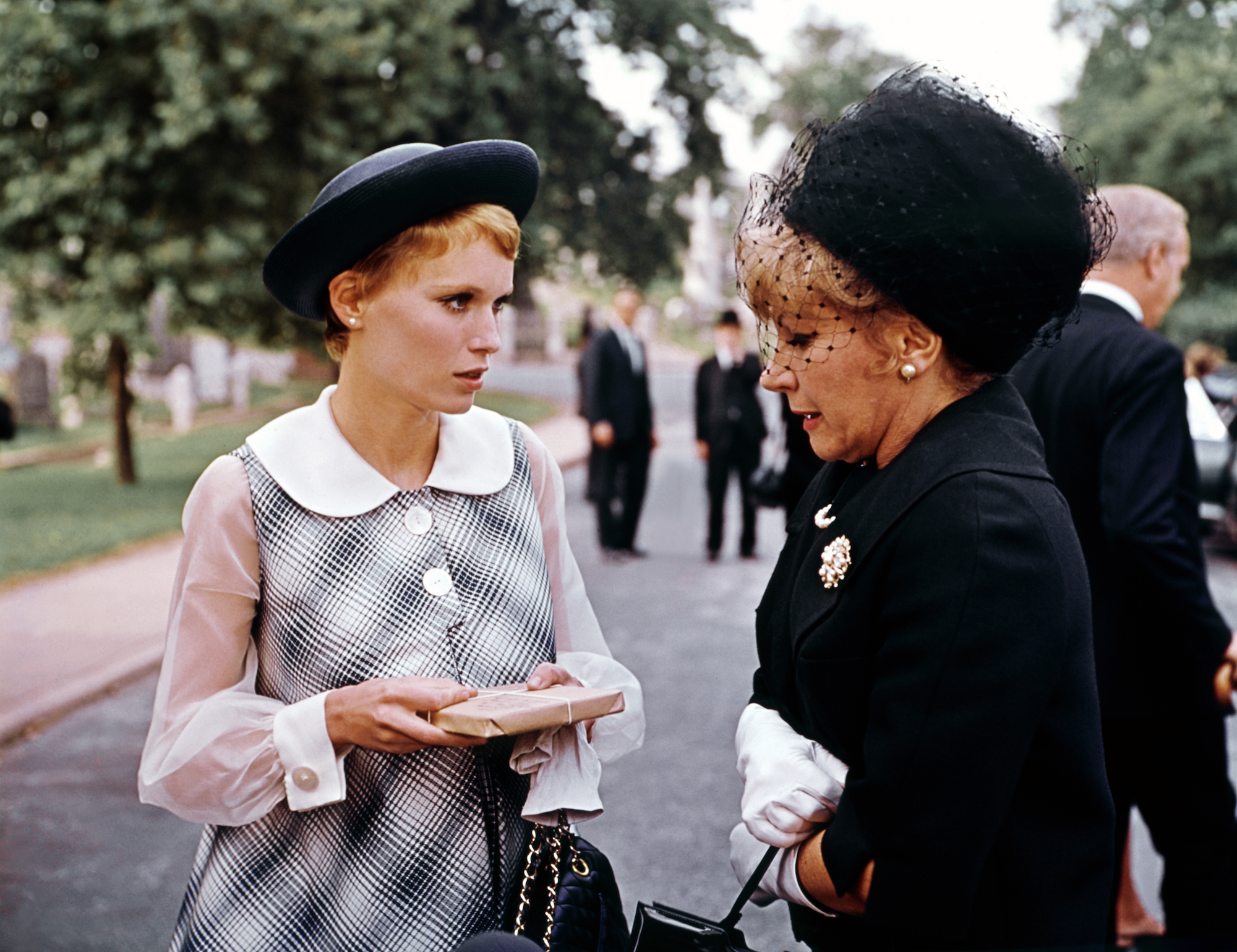 mia farrow wearing a hat and collared dress in rosemary's baby 1967