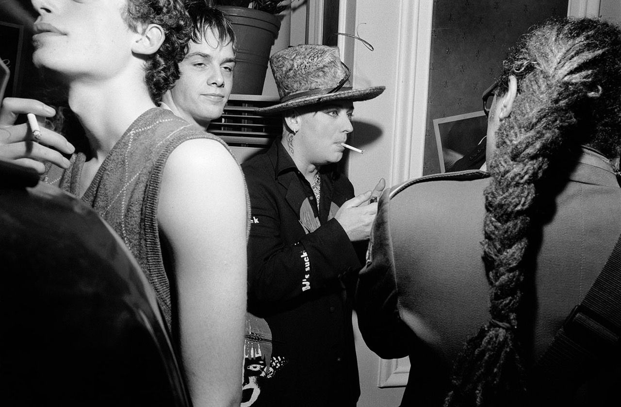 Black-and-white image of Boy George at his birthday party