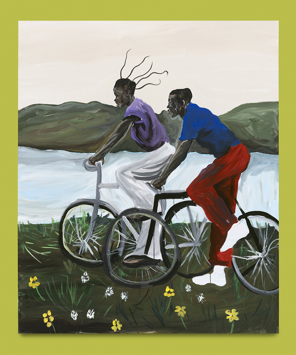 painting of two people riding bicycles