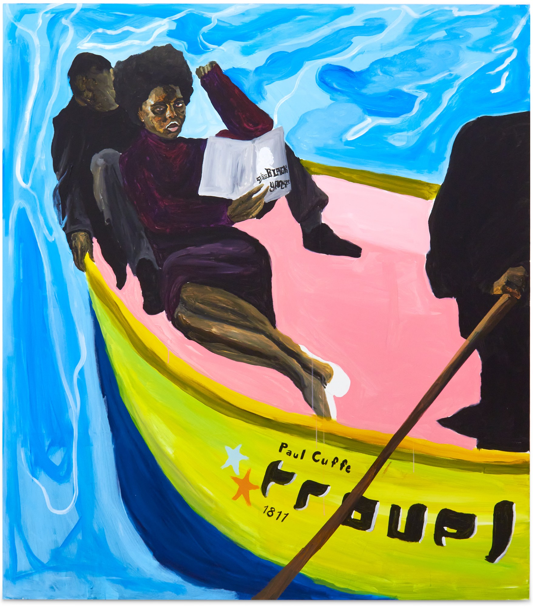 painting of two people riding in a boat