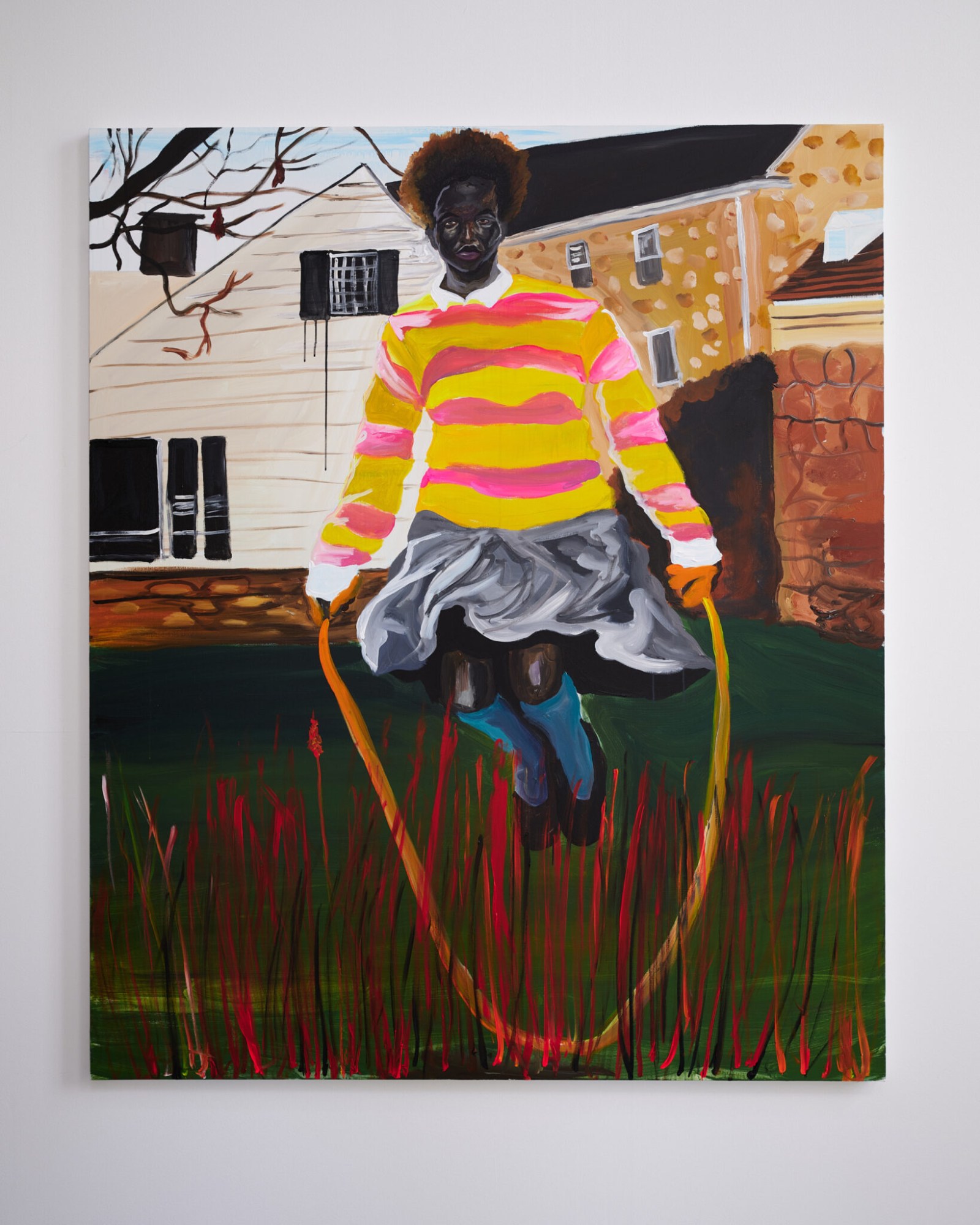 painting of a woman in a pink and yellow striped shirt jumping rope