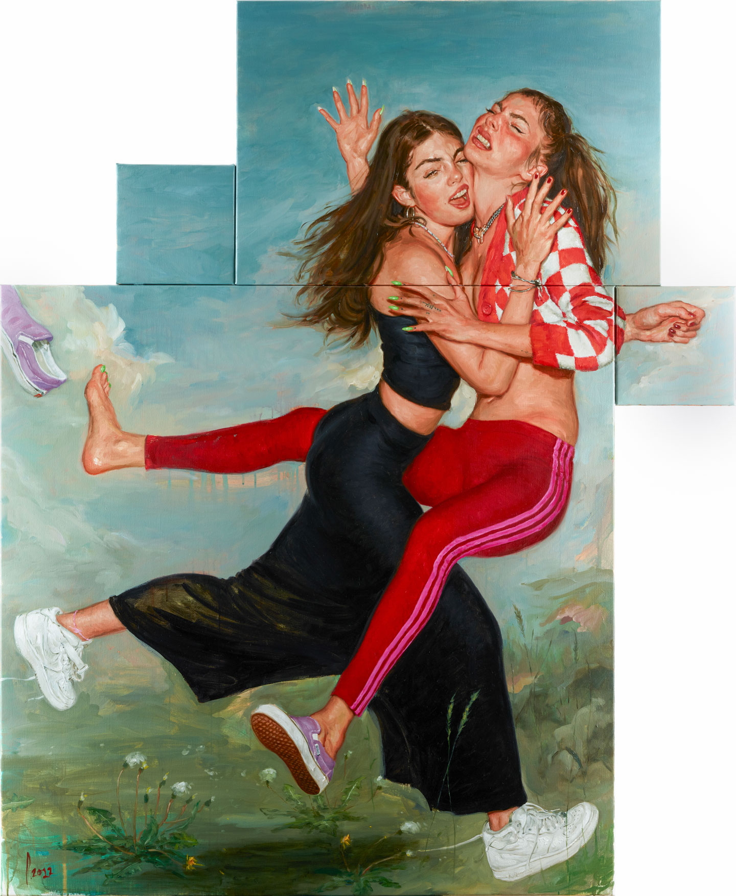 oil painting of two women crashing into each other