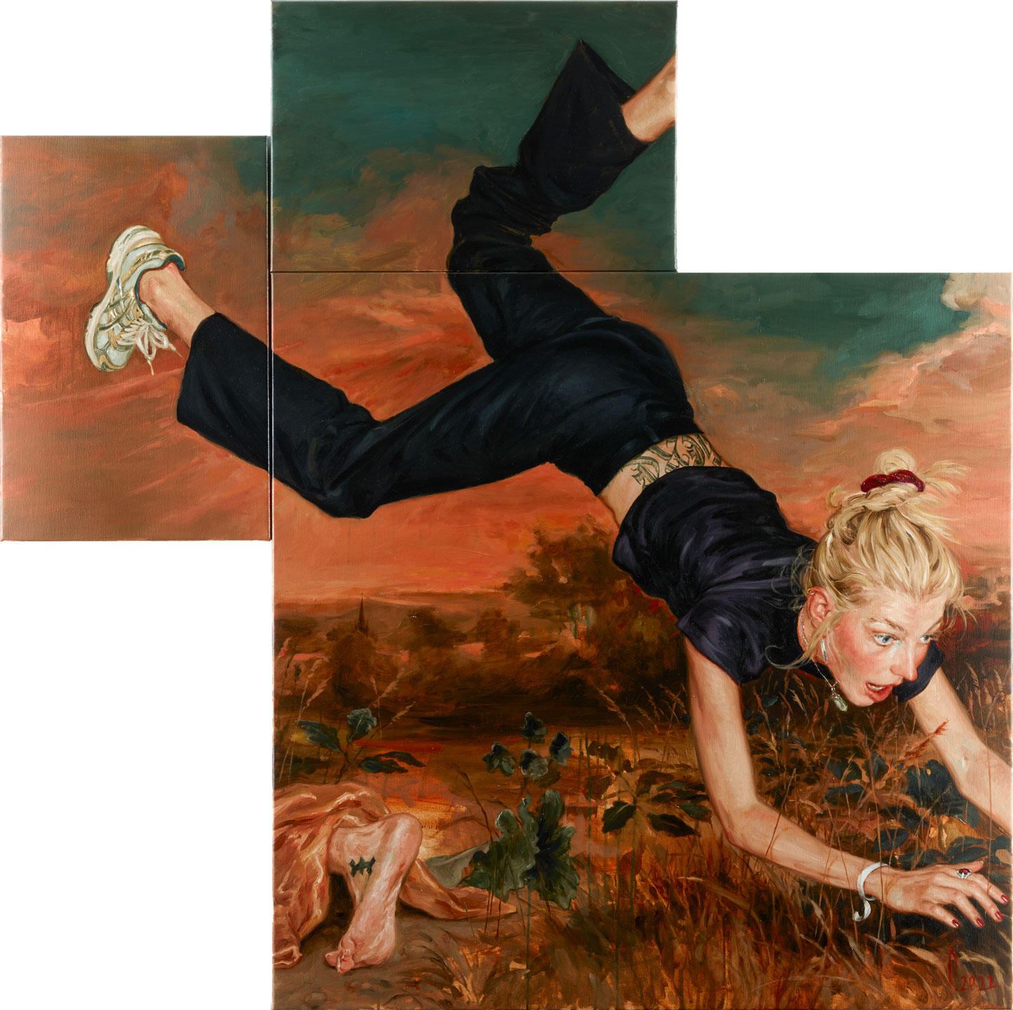 oil painting of a blonde woman tripping up in a warm-lit bucolic landscape