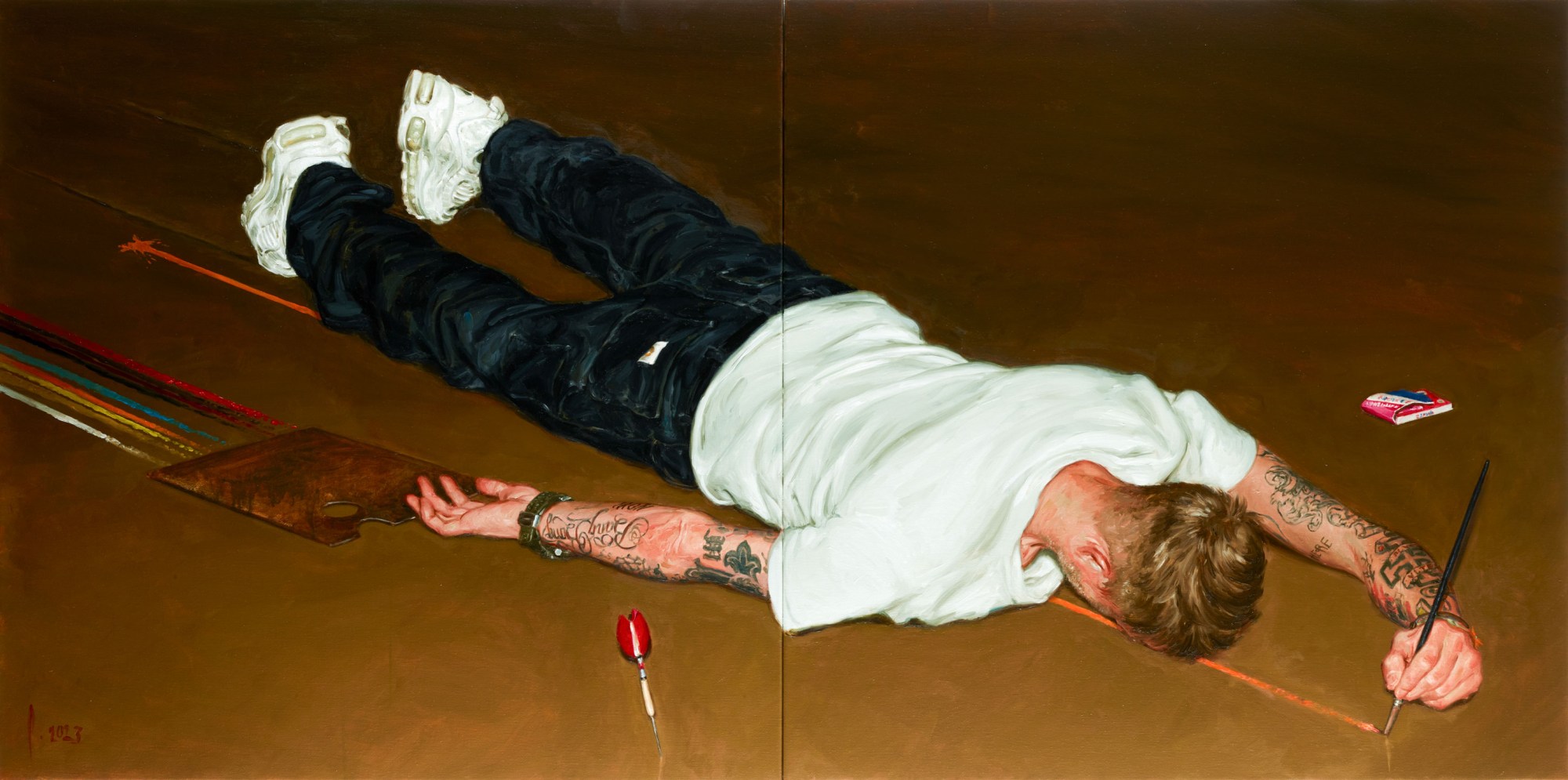 oil painting of a man facedown on the ground, painting a line above his head