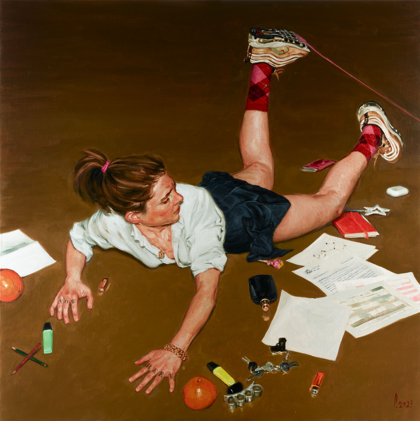 an oil painting of a woman in a shirt and mini skirt, falling on the floor surrounded by misc objects