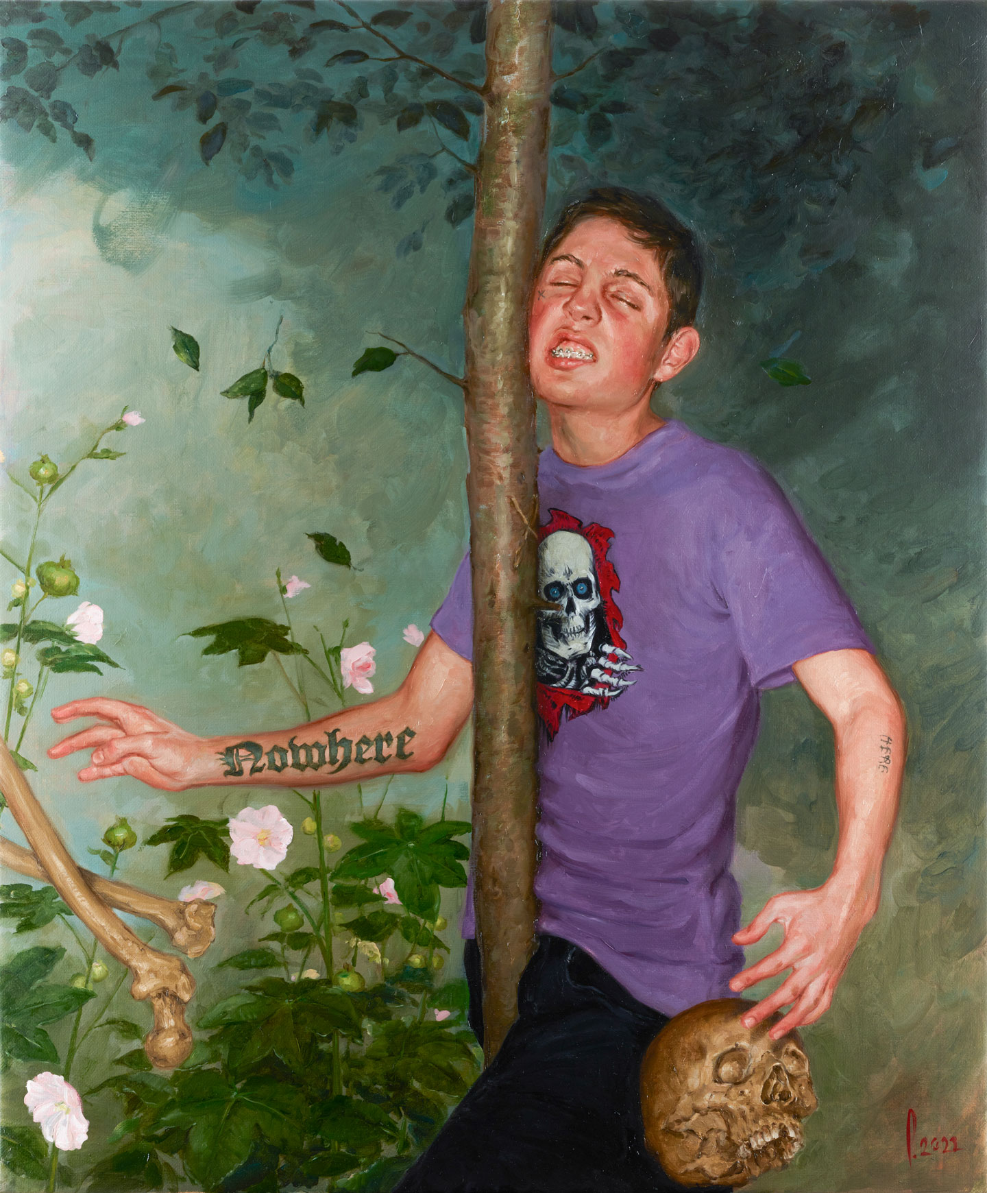 oil painting of a young skater crashing into a tree