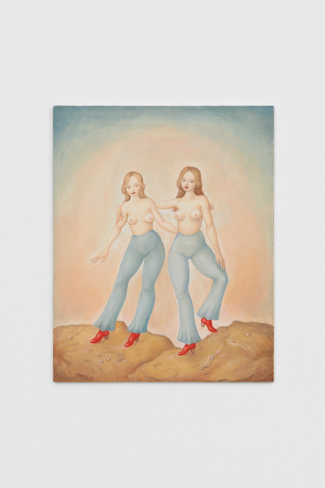 oil painting of two topless women wearing jeans and red shoes in a minimal desert scene