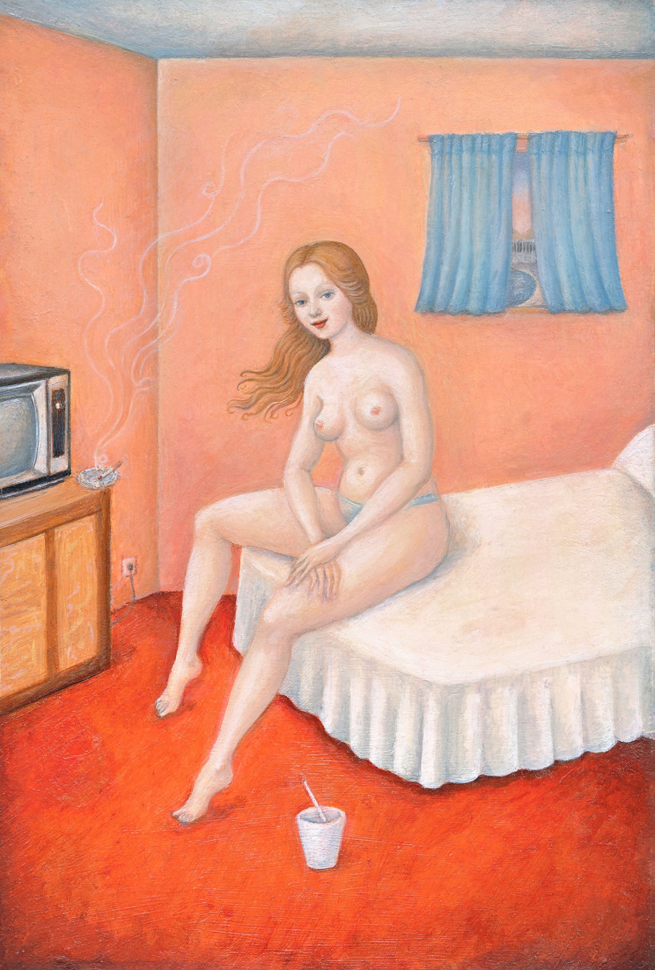 oil painting of a nude white woman in blue briefs sitting on the edge of a bed in a motel room -- a lit cigarette burns in an ashtray