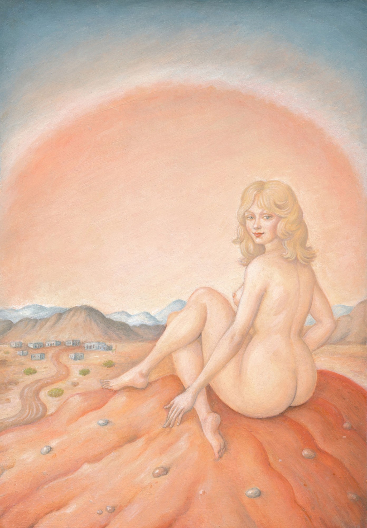 oil painting of a nude blonde woman sitting elegantly on an orange rock in a desert landscape