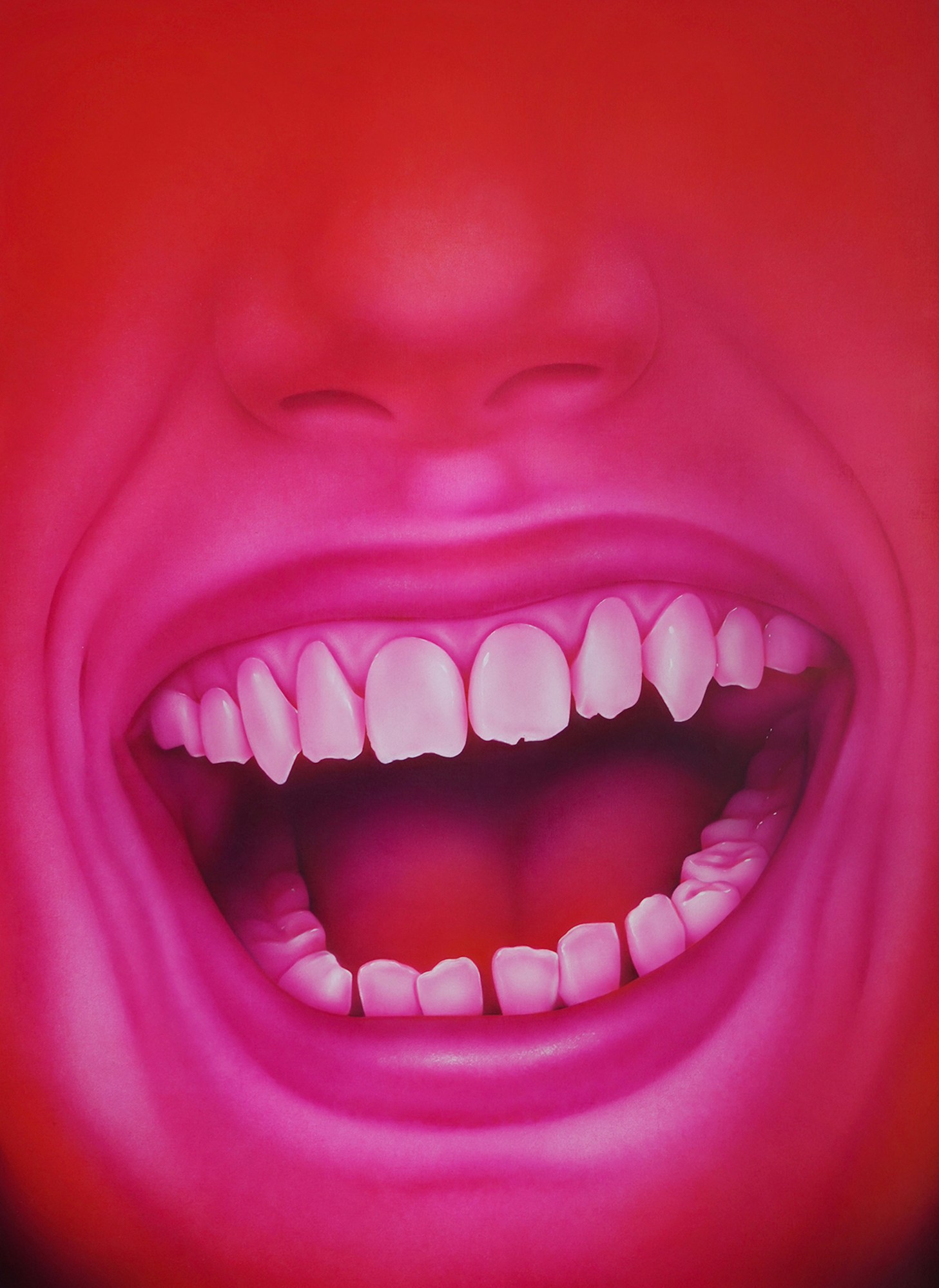 a fuchsia-coloured painting of an open toothy grin and button nose