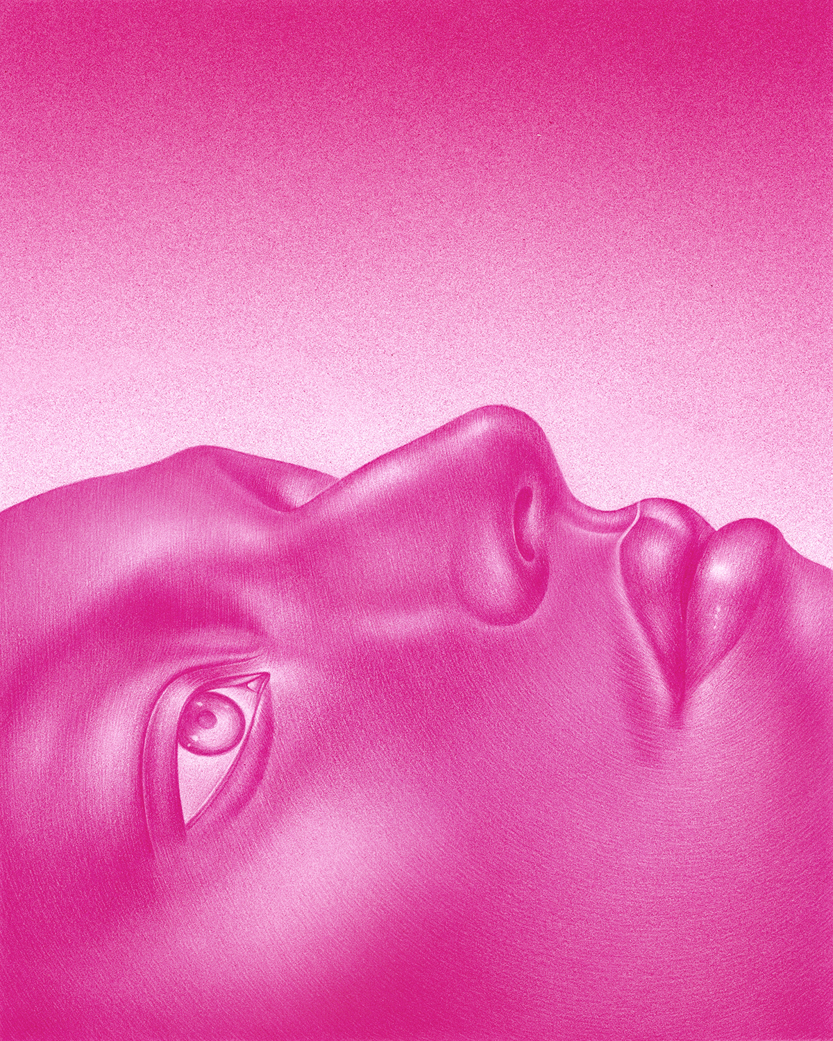 a cropped bright pink pencil drawing of a face laying down, eyes open