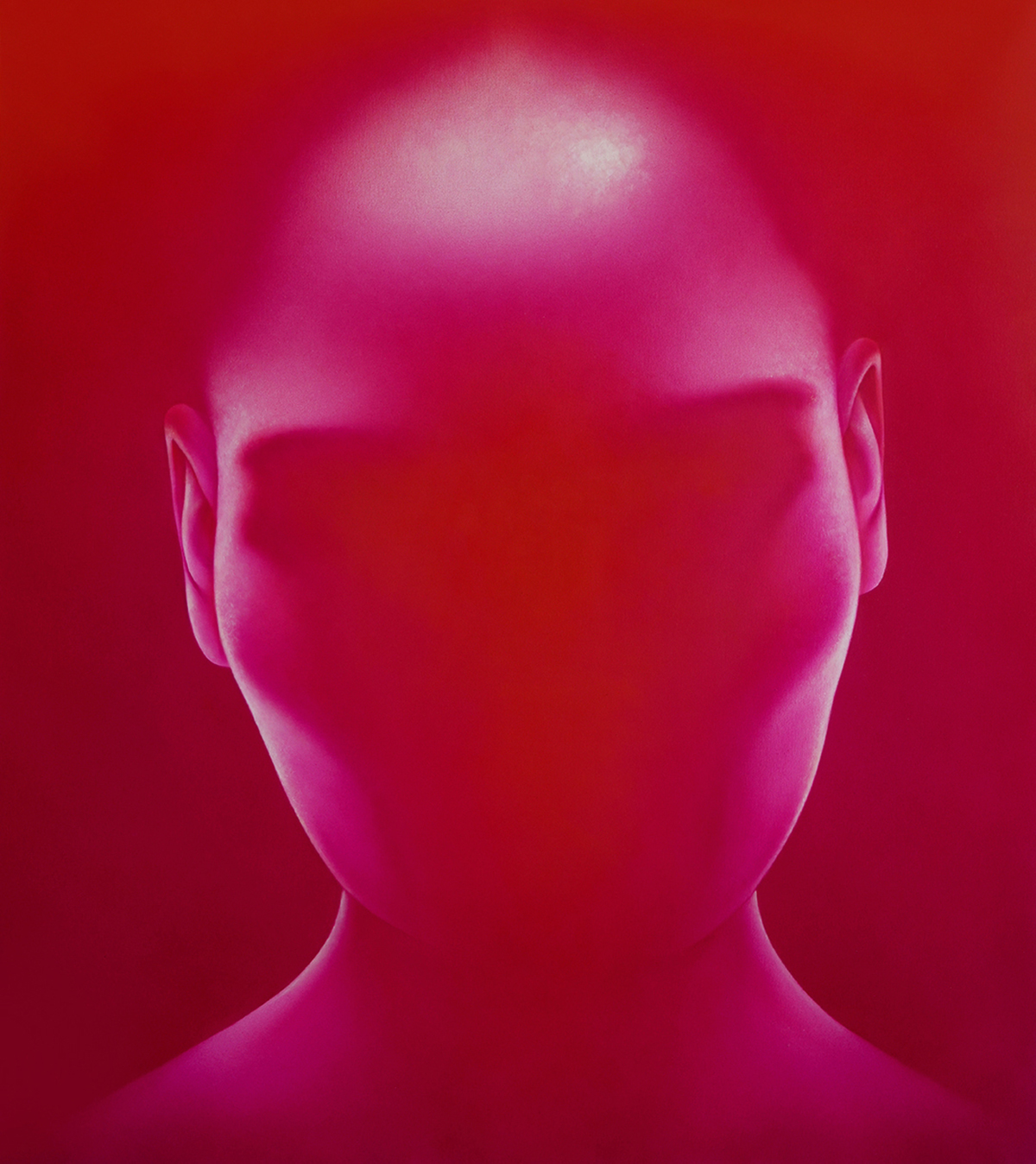 a bright pink painting of a head; facial features obscured