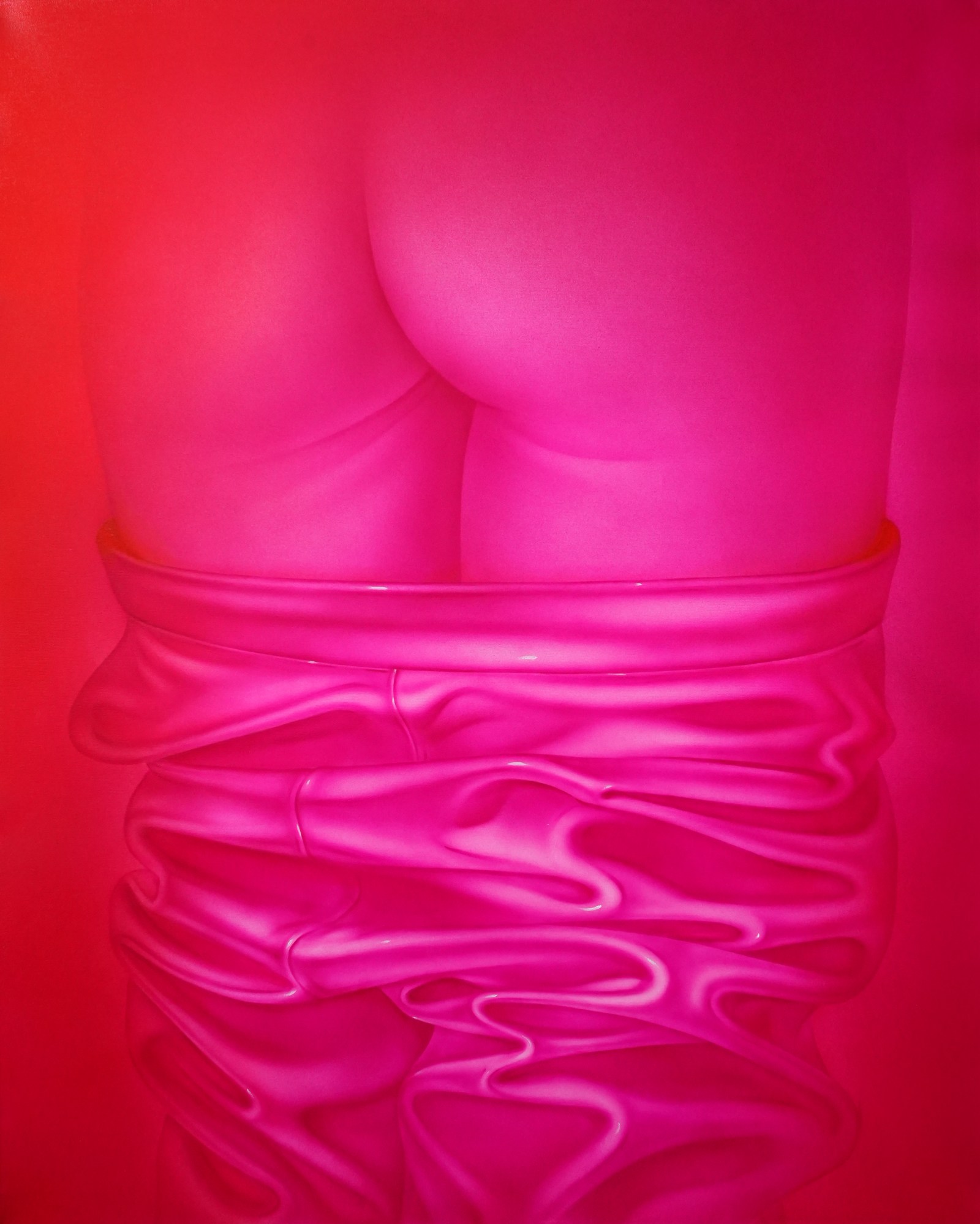 a pink painting depicting PVC trousers pulled down in folds, exposing a nude bottom