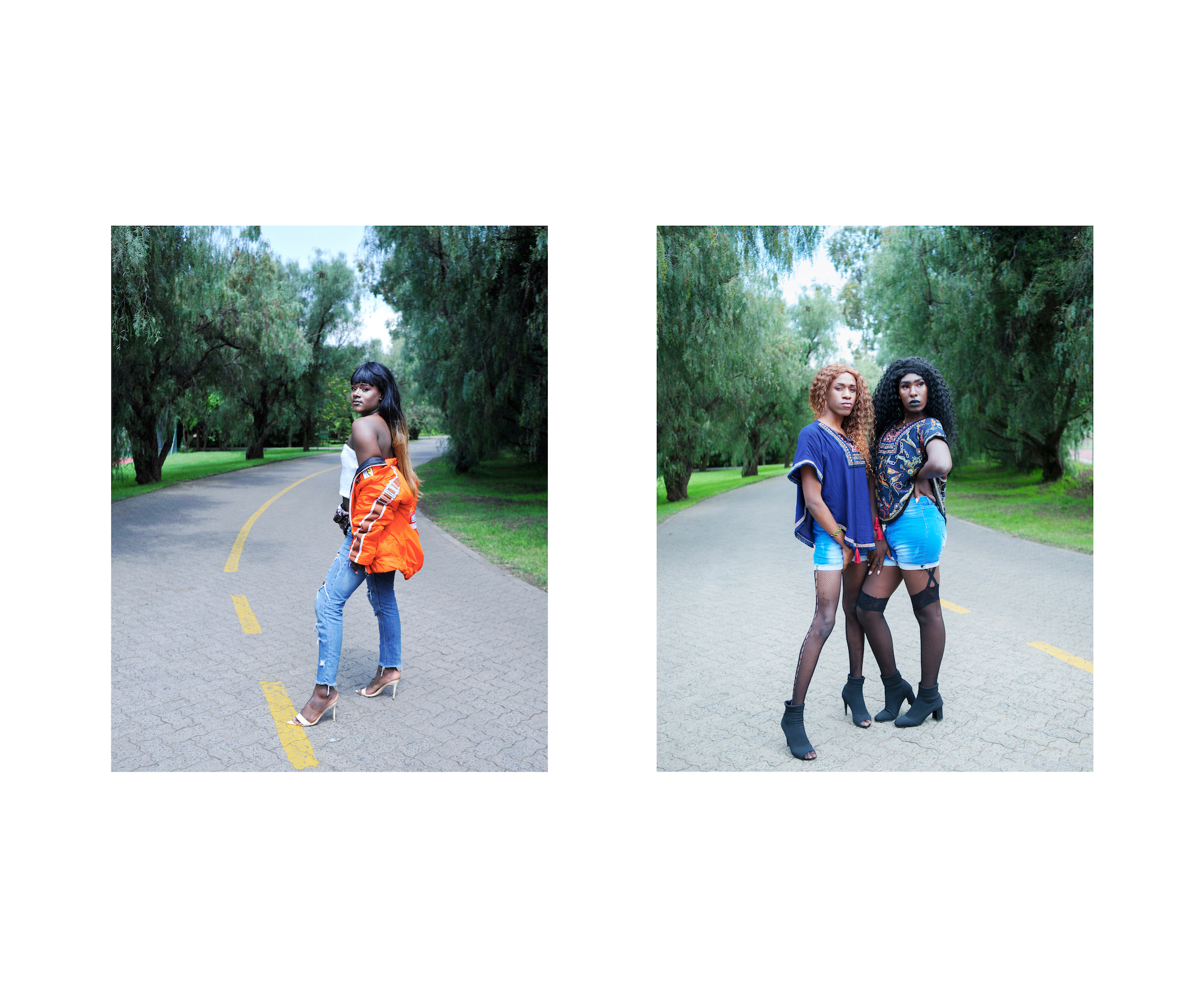 two images of women posing in high heels on a road running through a park