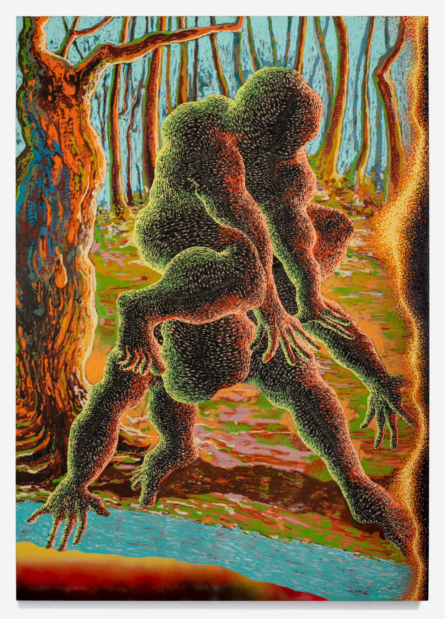 two orange figures embracing in the woods