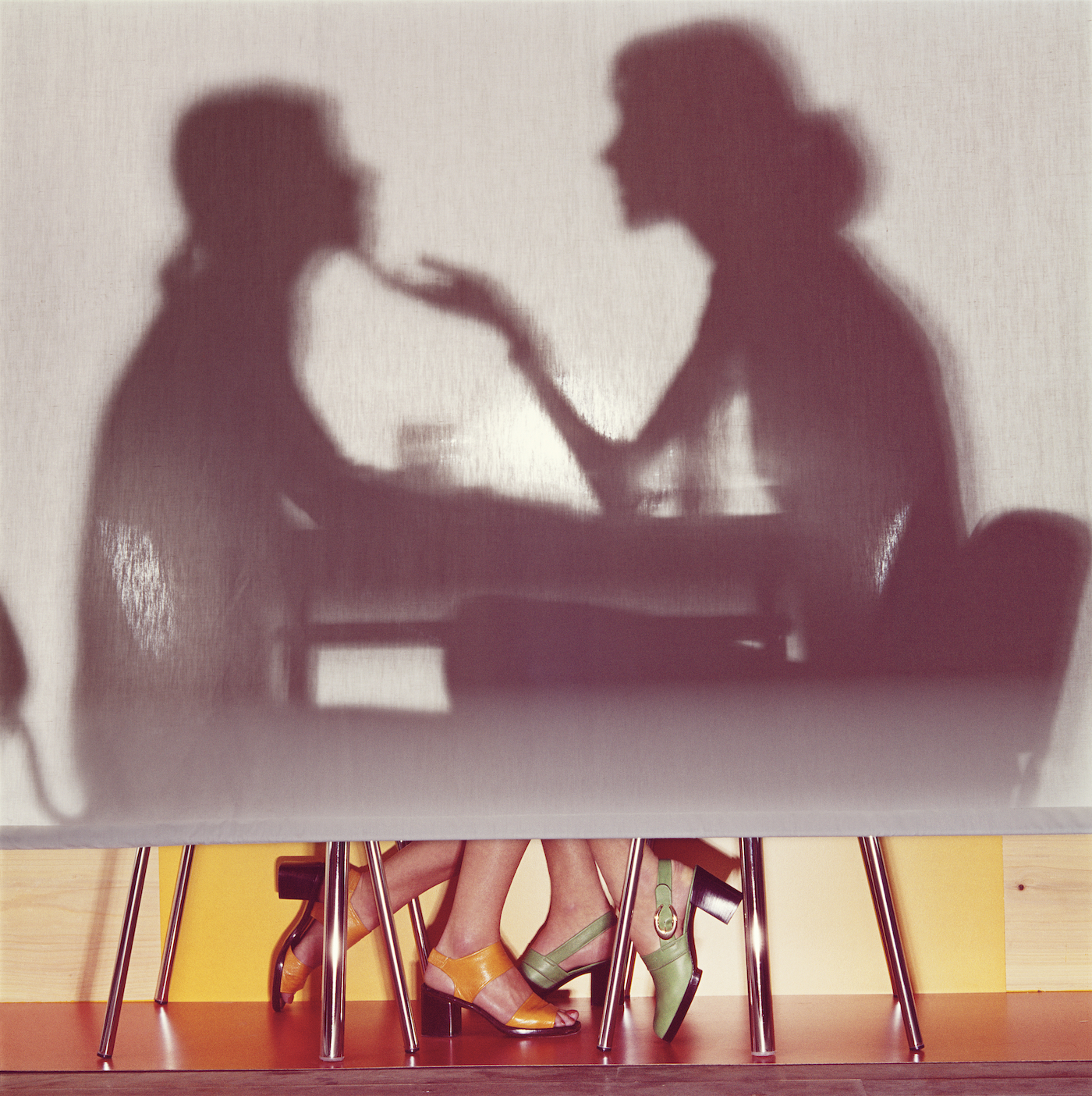 Two women seen in shadow profile at a table