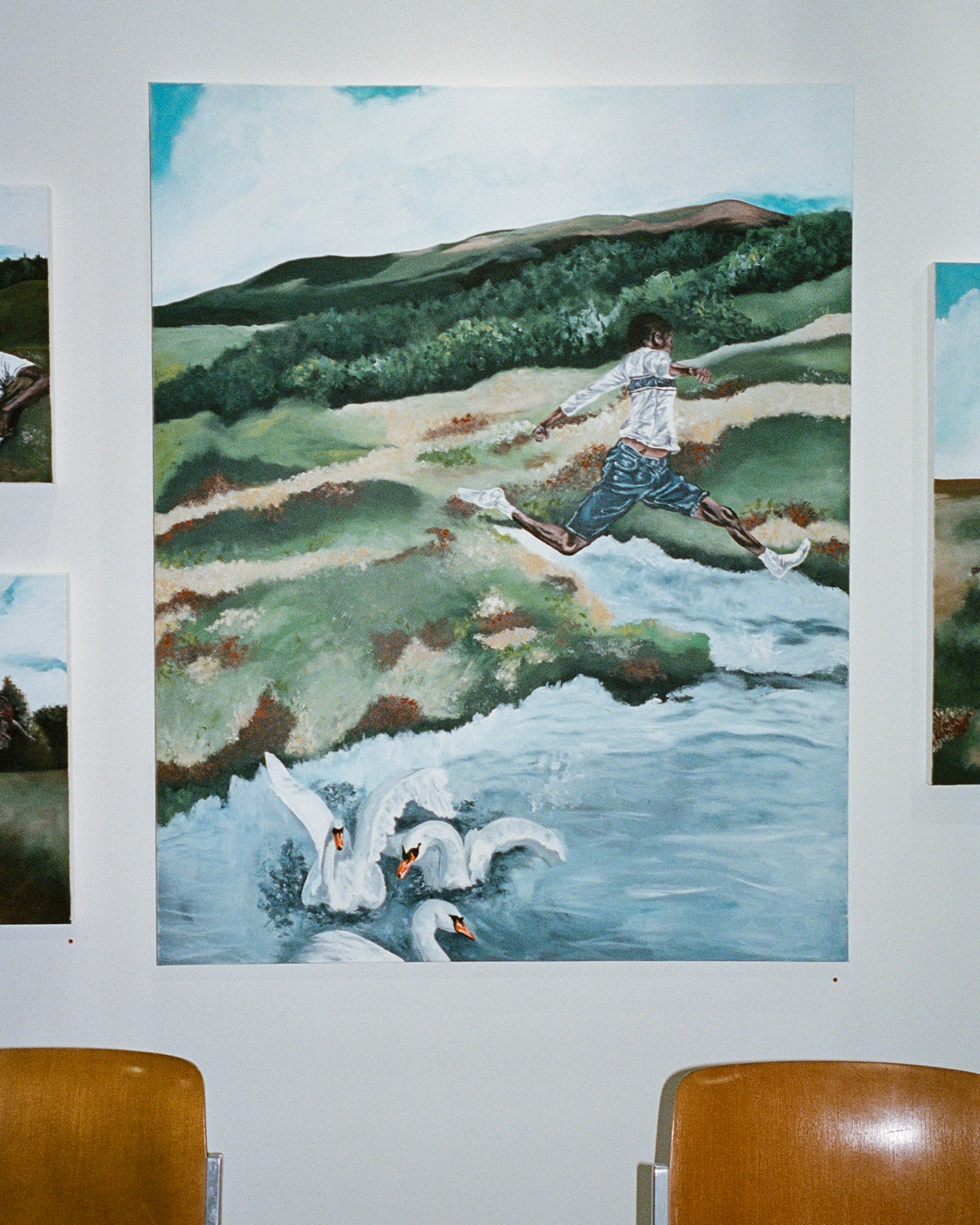 a painting of a young boy running through a field jumping over a river