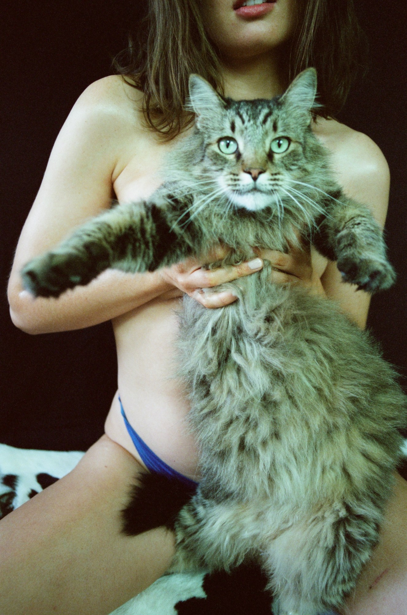 a woman in blue underwear sits on a bed holding a cat in front of her