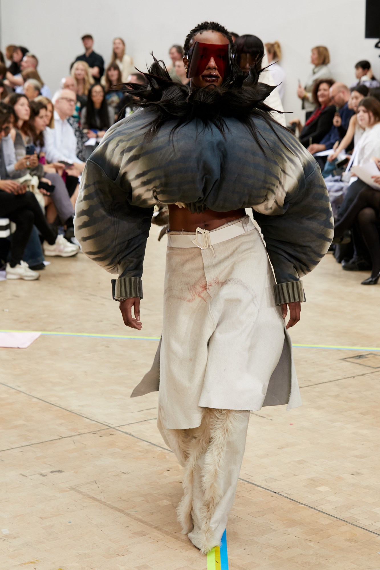 Model wearing Catherine Meyong's graduate collection at the Central Saint Martins BA show 2023