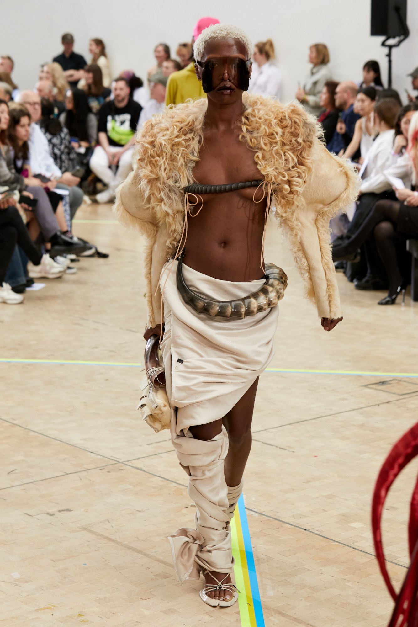 Model wearing Catherine Meyong's graduate collection at the Central Saint Martins BA show 2023