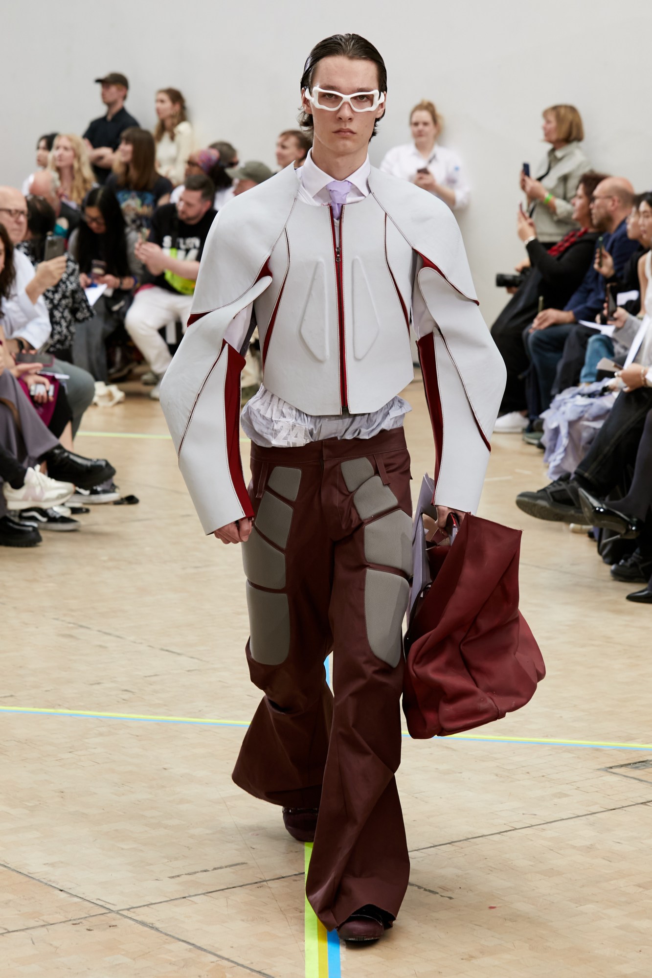 Model wearing Mathew Zabala's graduate collection at the Central Saint Martins BA show 2023