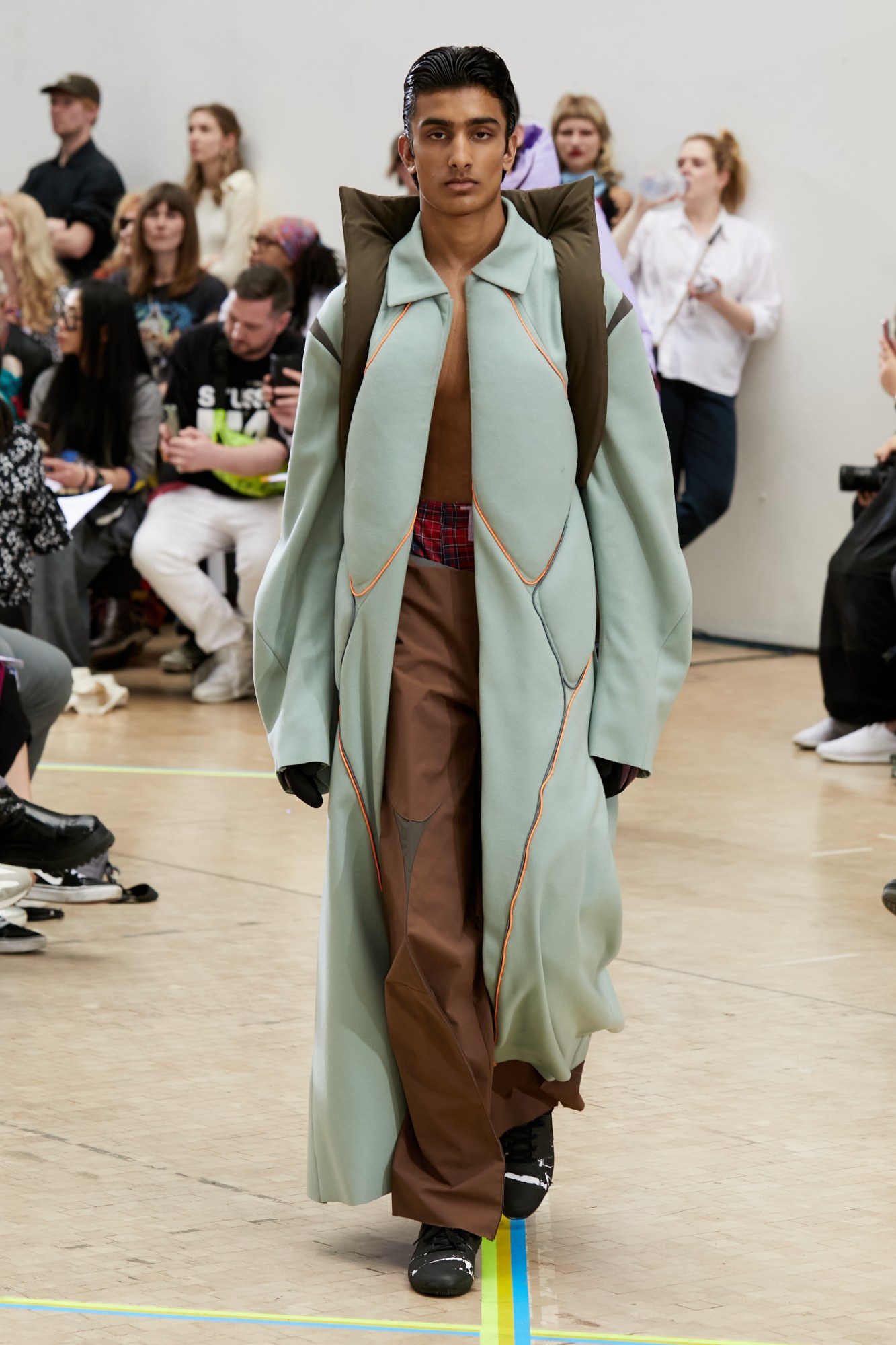 Model wearing Mathew Zabala's graduate collection at the Central Saint Martins BA show 2023