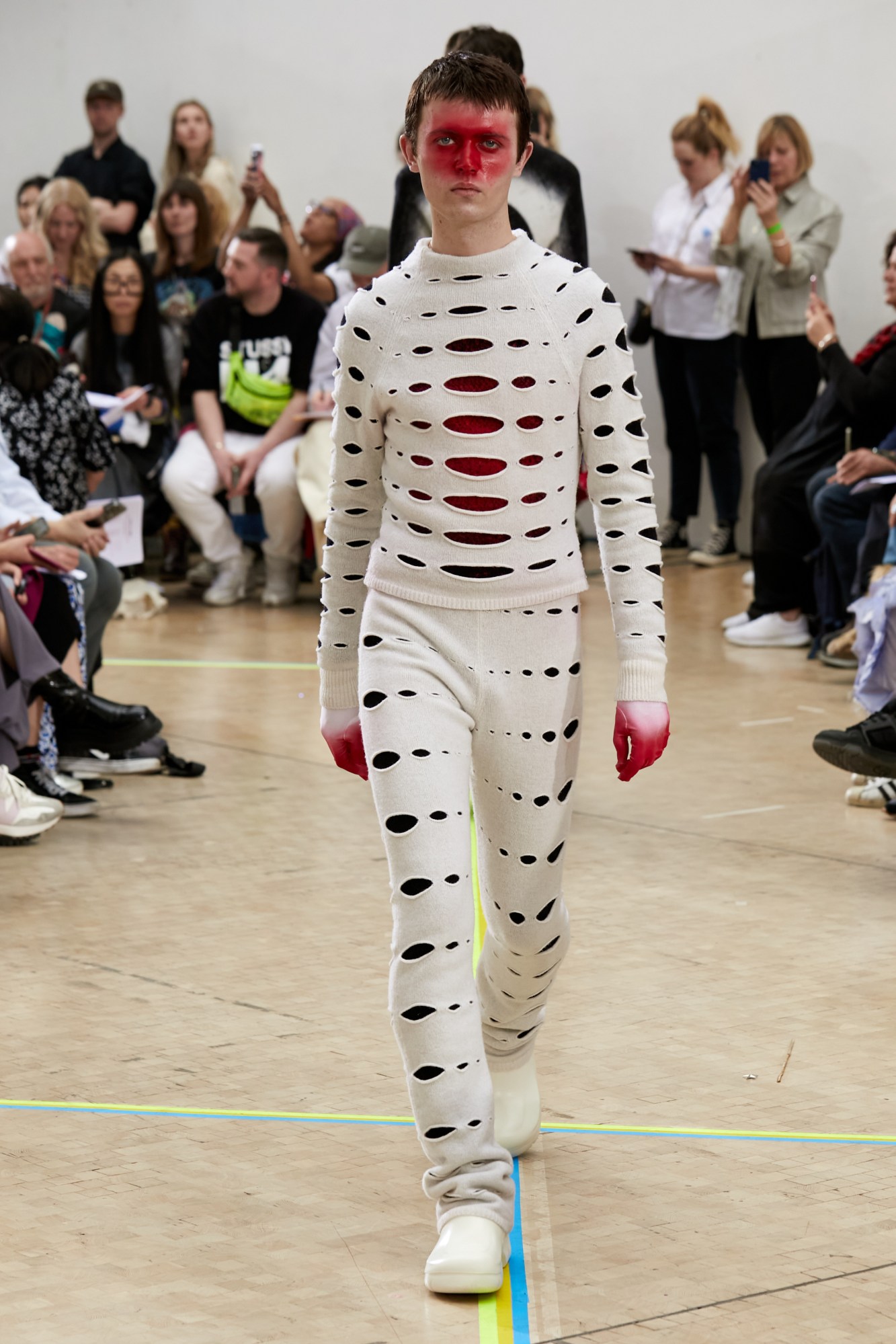 Model wearing Faye Simister's graduate collection at the Central Saint Martins BA show 2023