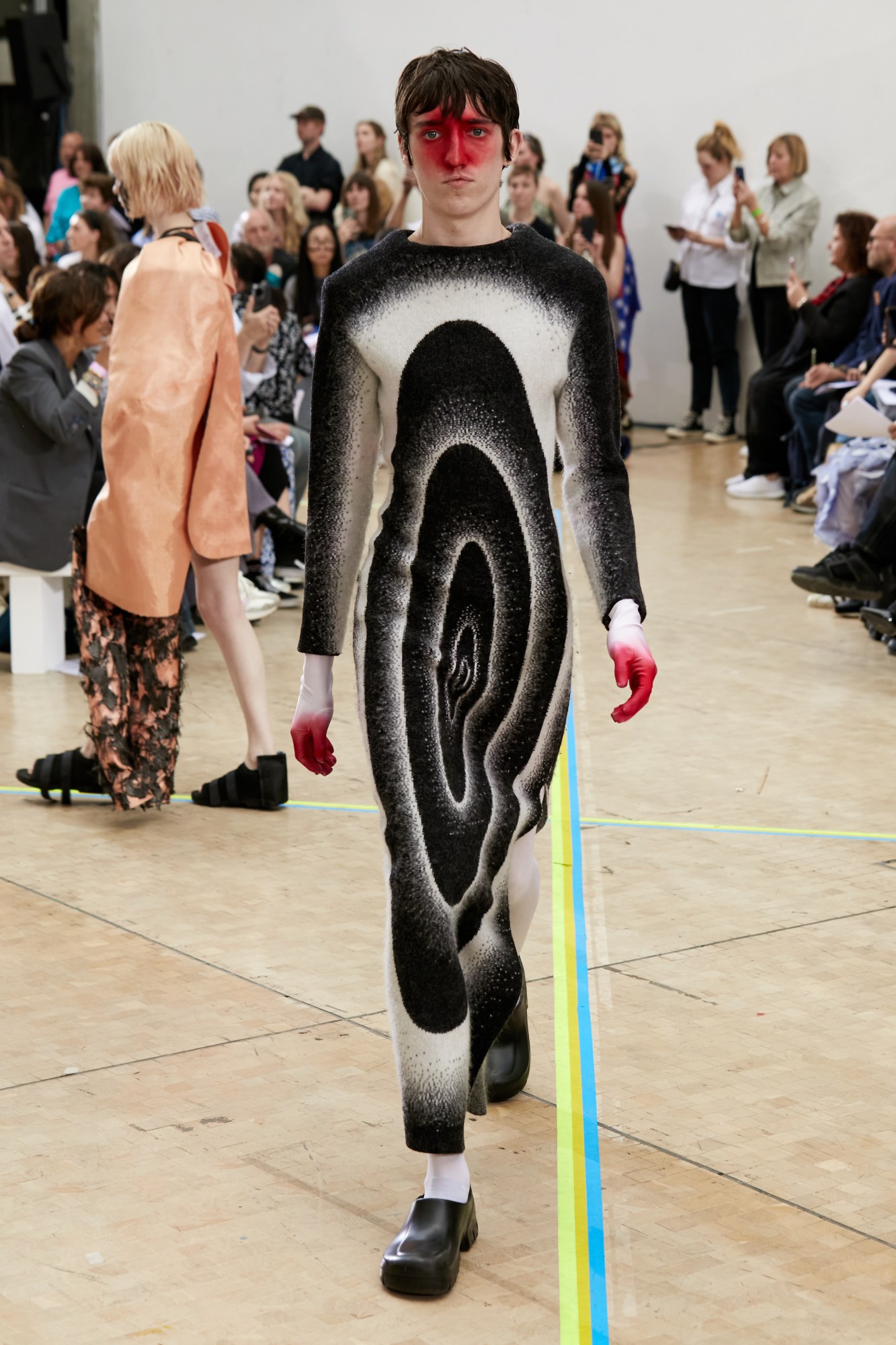 Model wearing Faye Simister's graduate collection at the Central Saint Martins BA show 2023