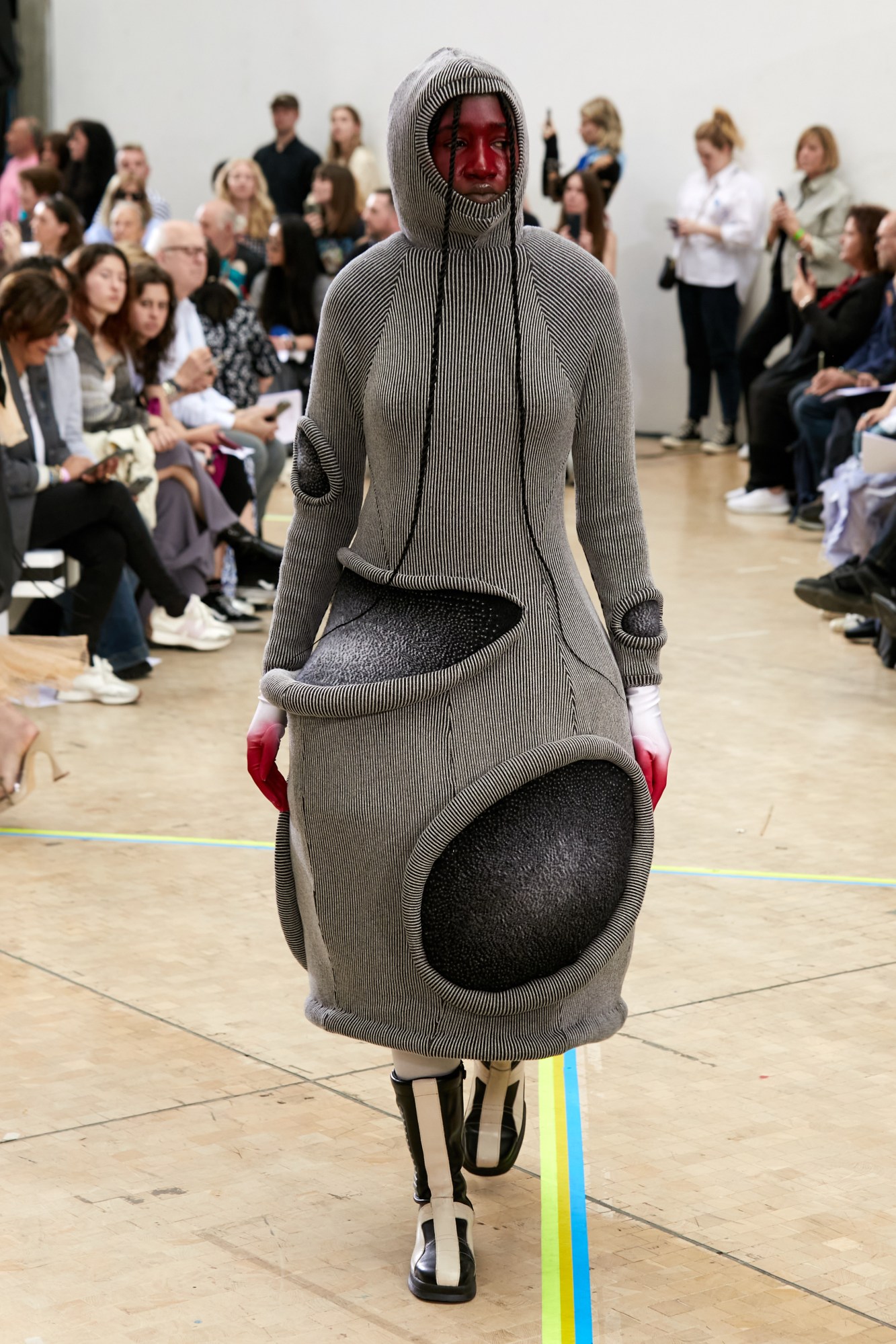 Model wearing Faye Simister's graduate collection at the Central Saint Martins BA show 2023