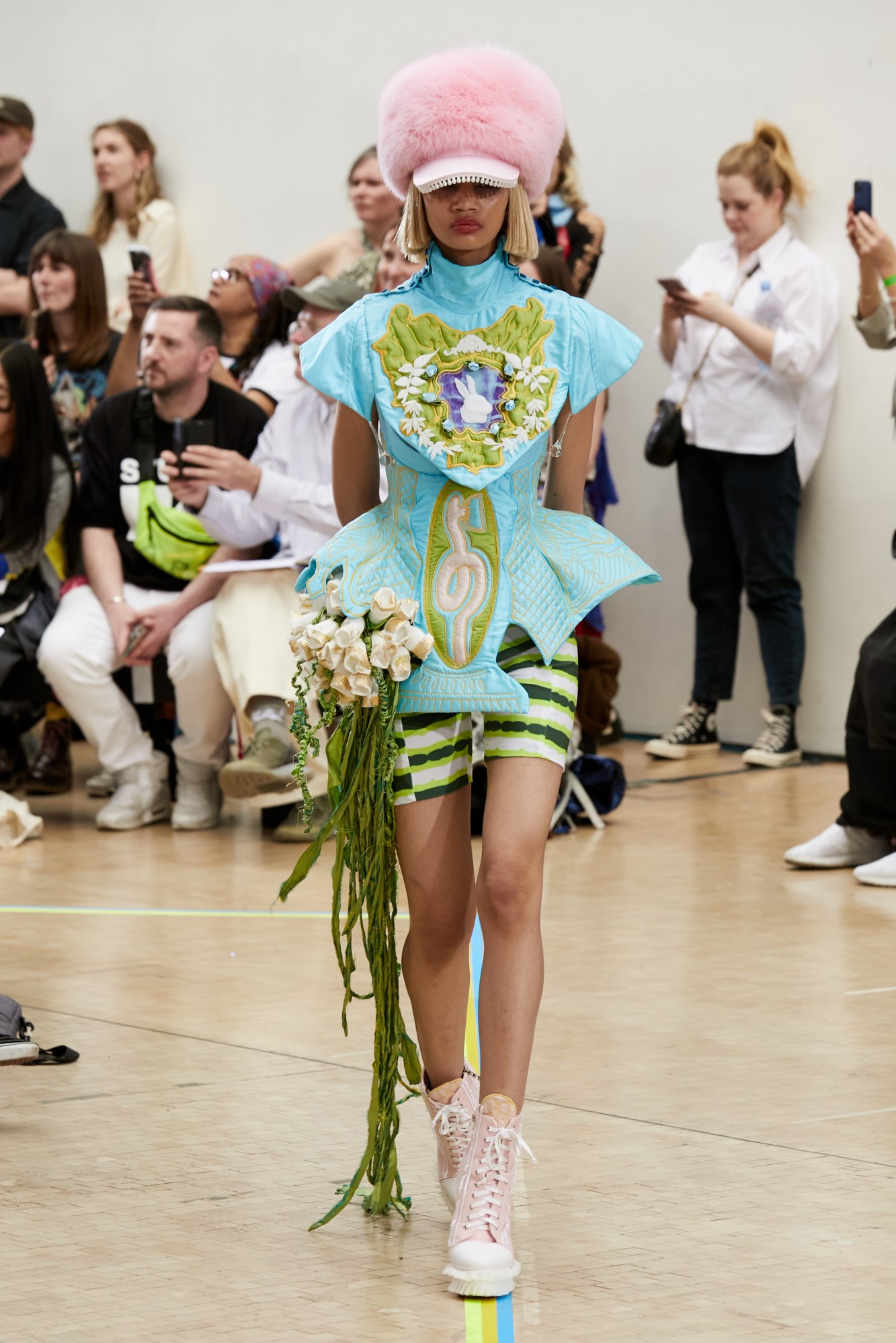 Model wearing Carson Lovett's graduate collection at the Central Saint Martins BA show 2023