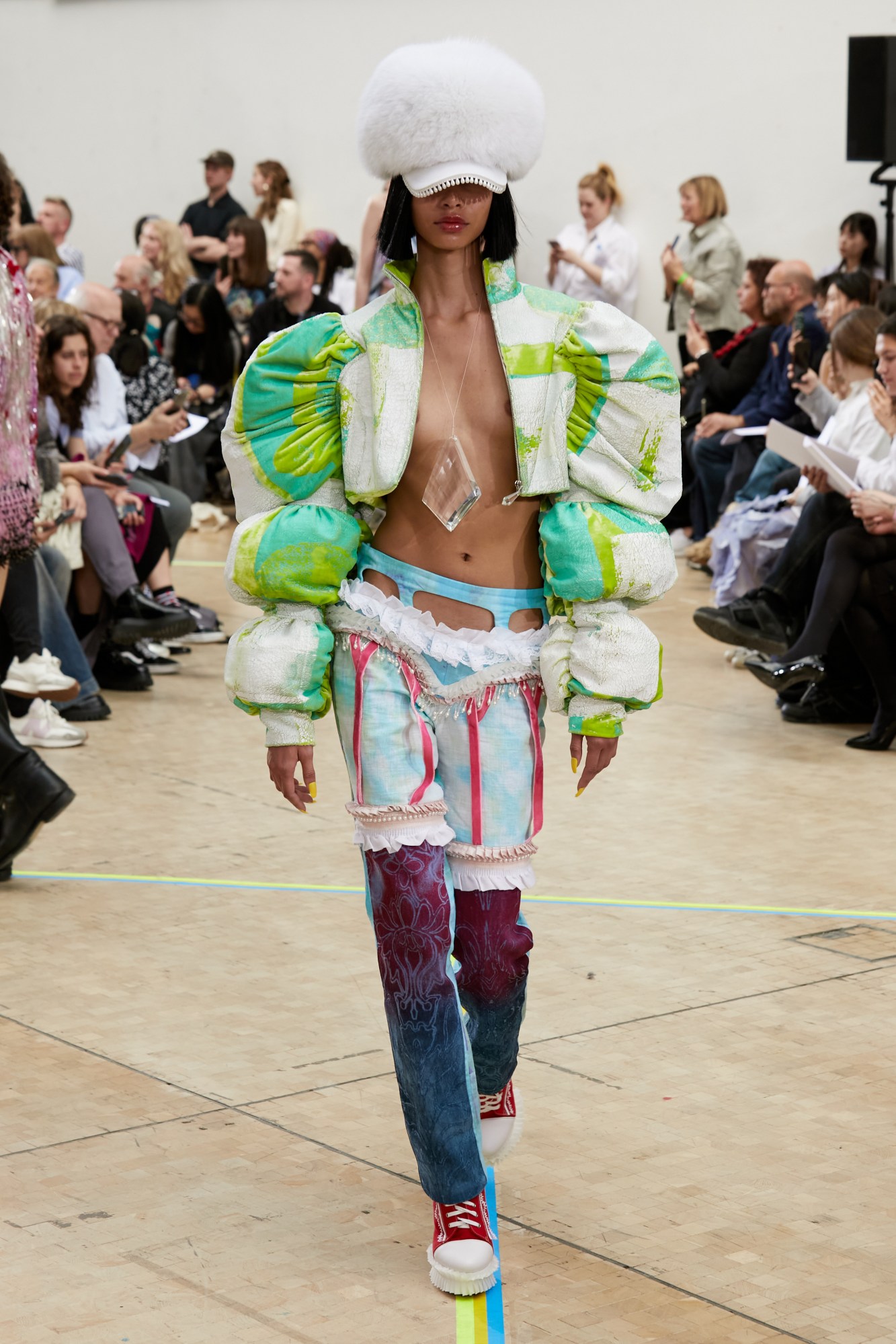 Model wearing Carson Lovett's graduate collection at the Central Saint Martins BA show 2023