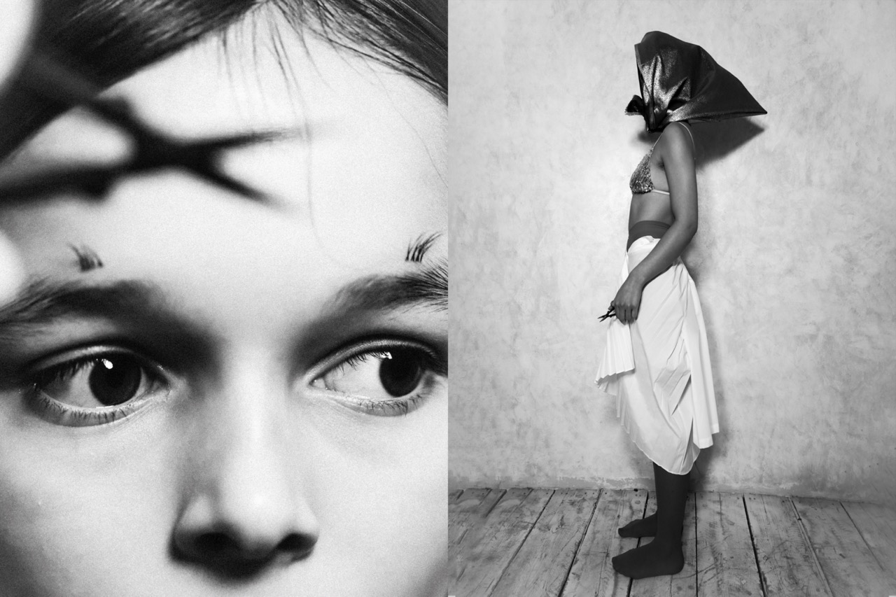 Left: close up of a girl with eyelashes attached above her eyebrows and scissors in front of her. Right: A woman. in a white skirt, bikini top and head scarf standing in a room.