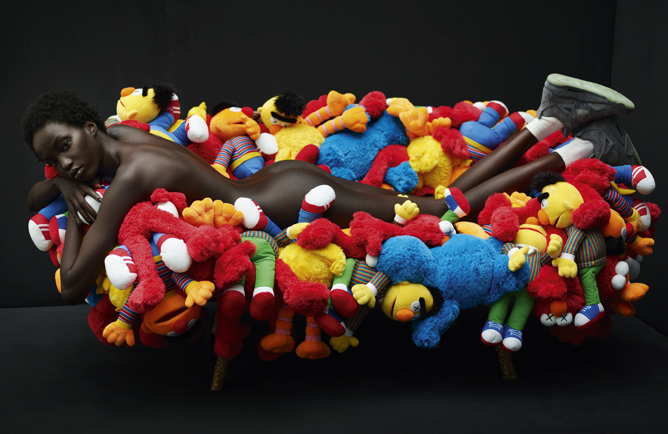 KAWS and Estudio Campana, KAWS Gang Sofa, 2019. Plush toys, stainless steel, bronze, 32 x 68 x 39 inches