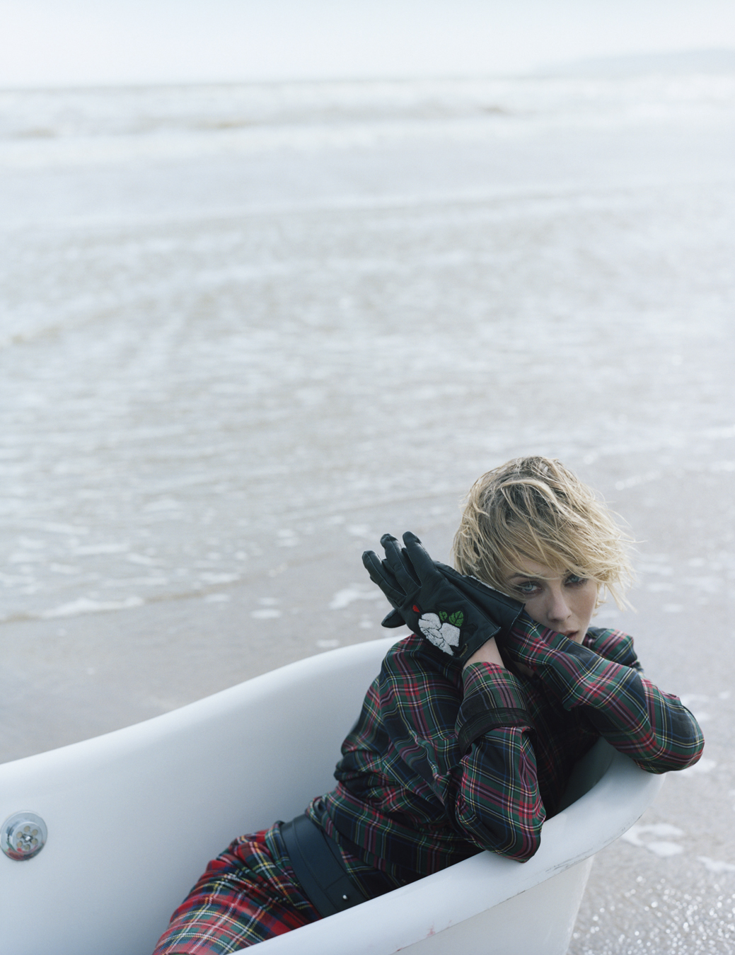 Edie Campbell photographed by Oliver Hadlee Pearch on Camber Sands.