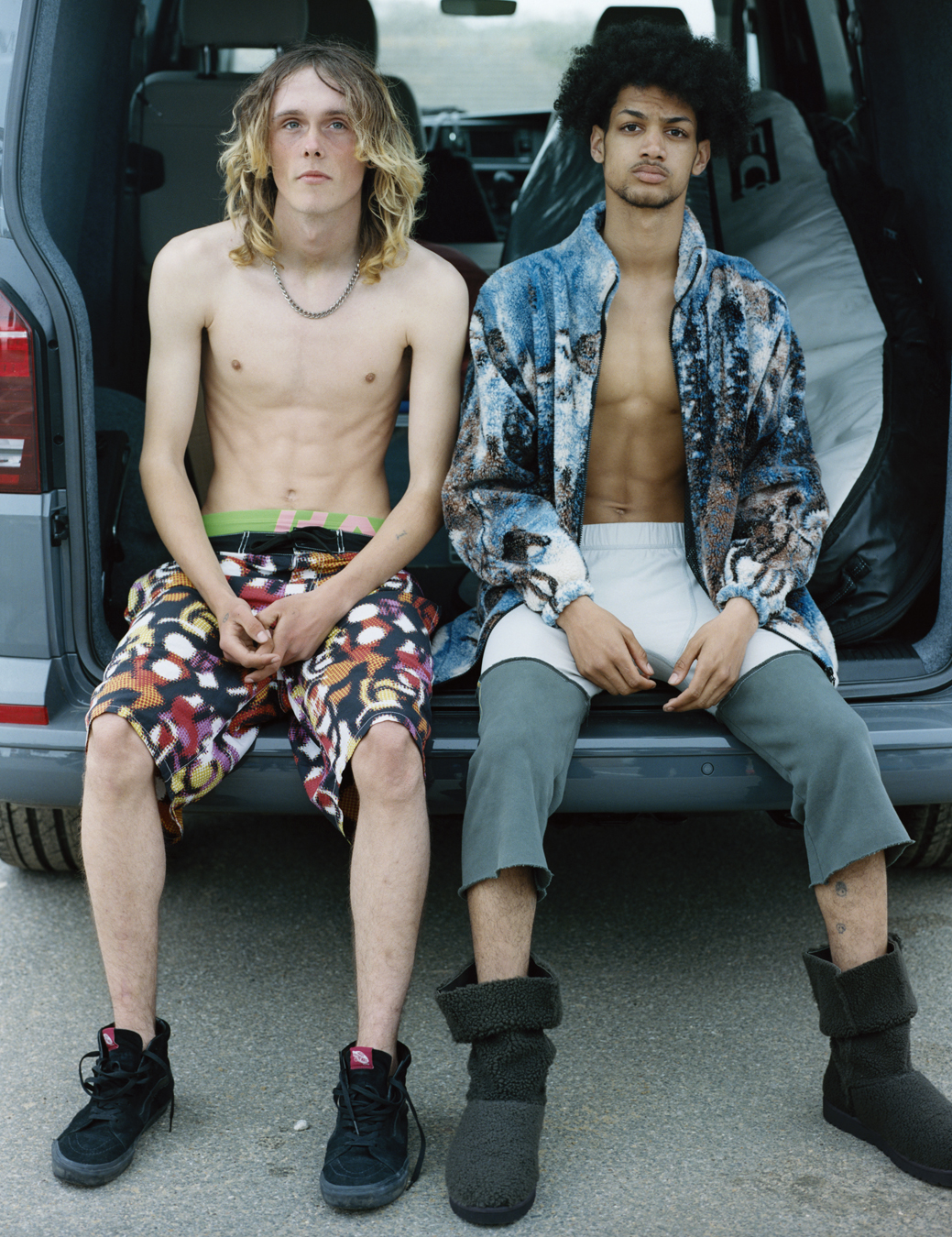 Daniel Finlay and Dontae Chambers-Roscoe in Camber Sands car park photographed by Oliver Hadlee Pearch.