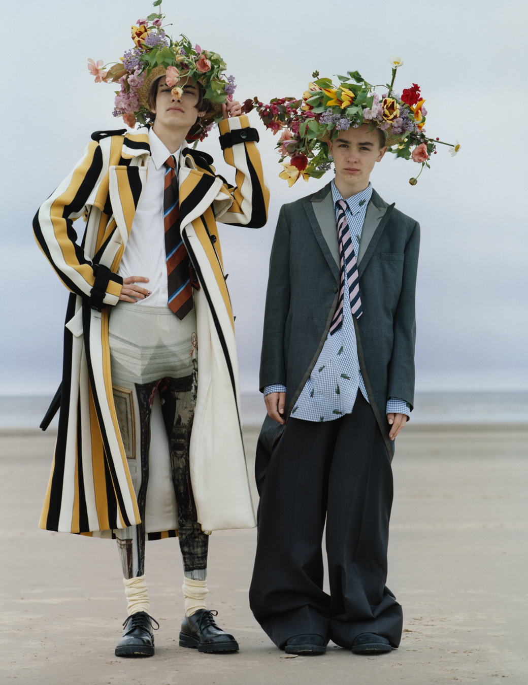 Art students Bayley Bull and Lorenzo Munoz photographed by Oliver Hadlee Pearch on Camber Sands.