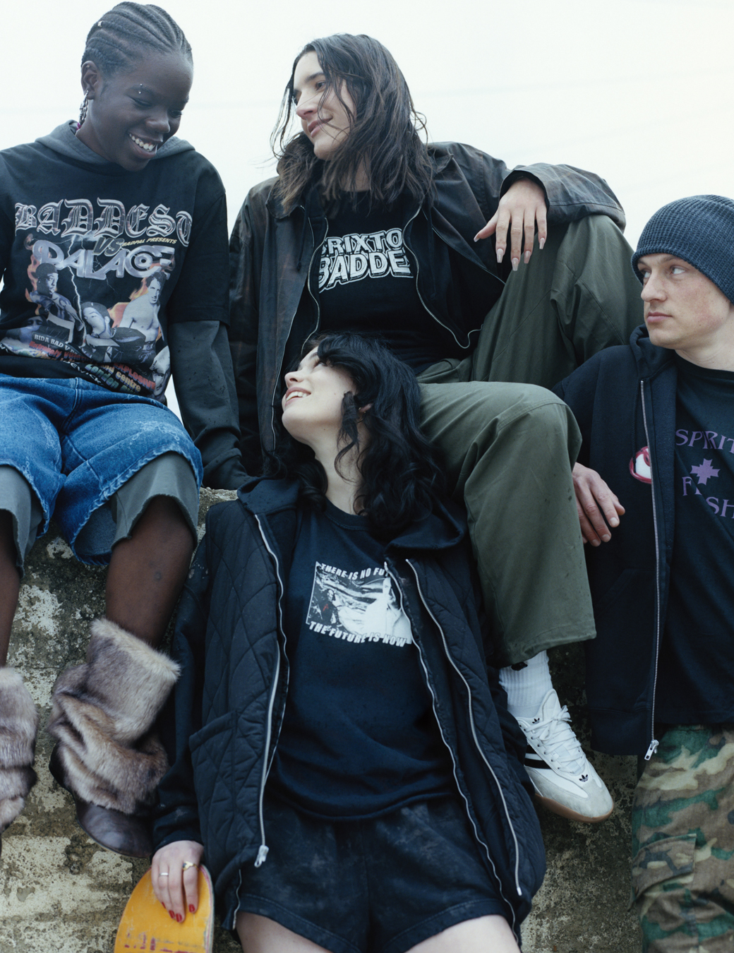 Skaters Cece Asembo, Daphne Greca, Val Katz and Aimee Gillingwater photographed by Oliver Hadlee Pearch on Camber Sands.