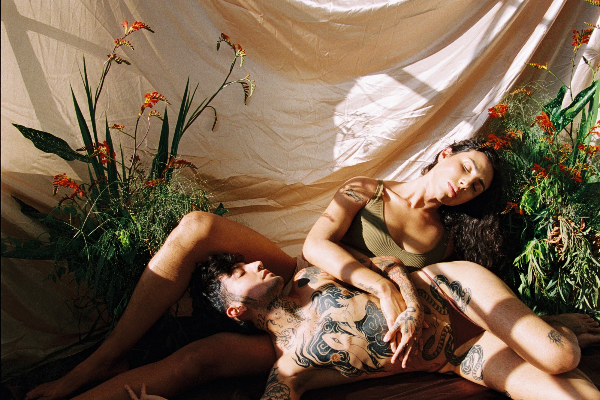 a couple drenched in sunlight sitting near plants