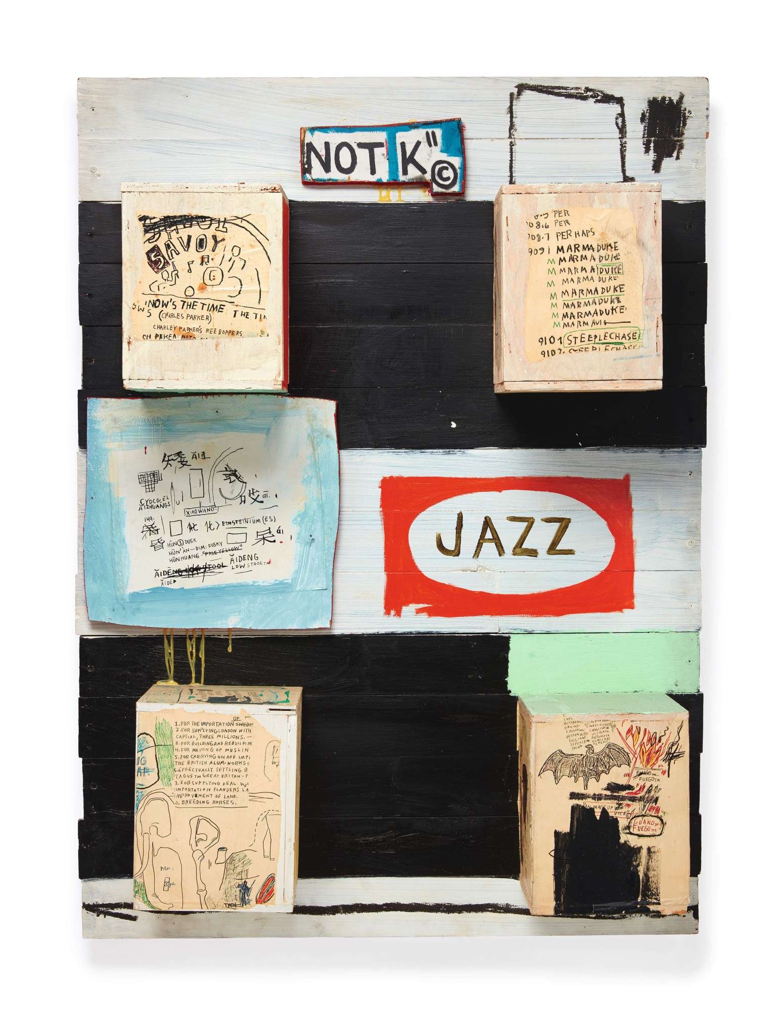 a basquiat painting with small boxes covered in writing and drawings surrounding the word Jazz encircled in red